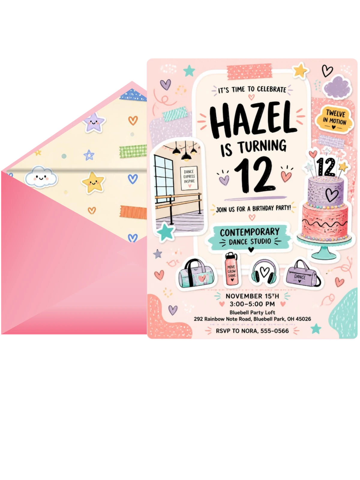 Pastel Dance Studio 12th Birthday Invitation