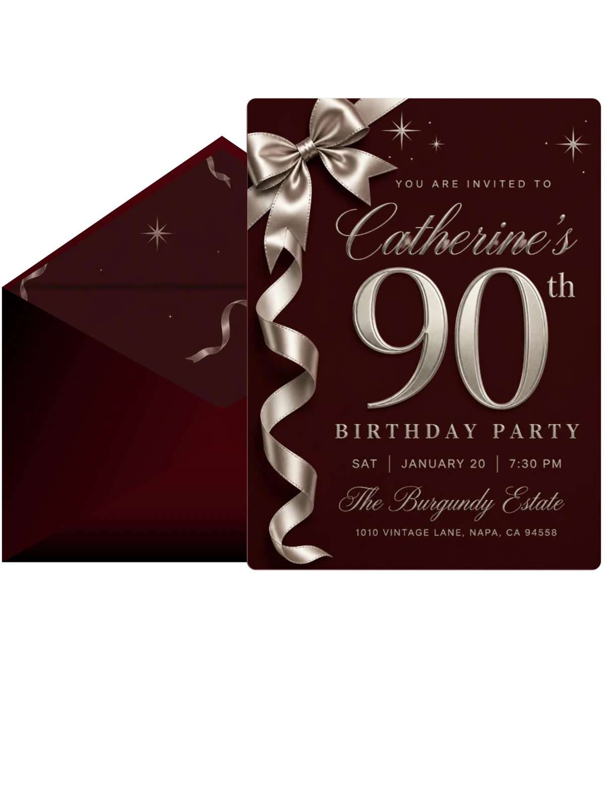 Burgundy Silver Ribbon 90th Birthday