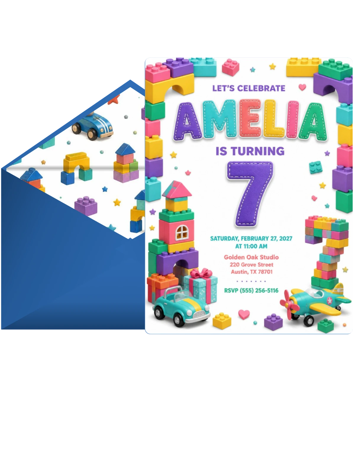 Stitched Toy Blocks 7th Birthday Invitation