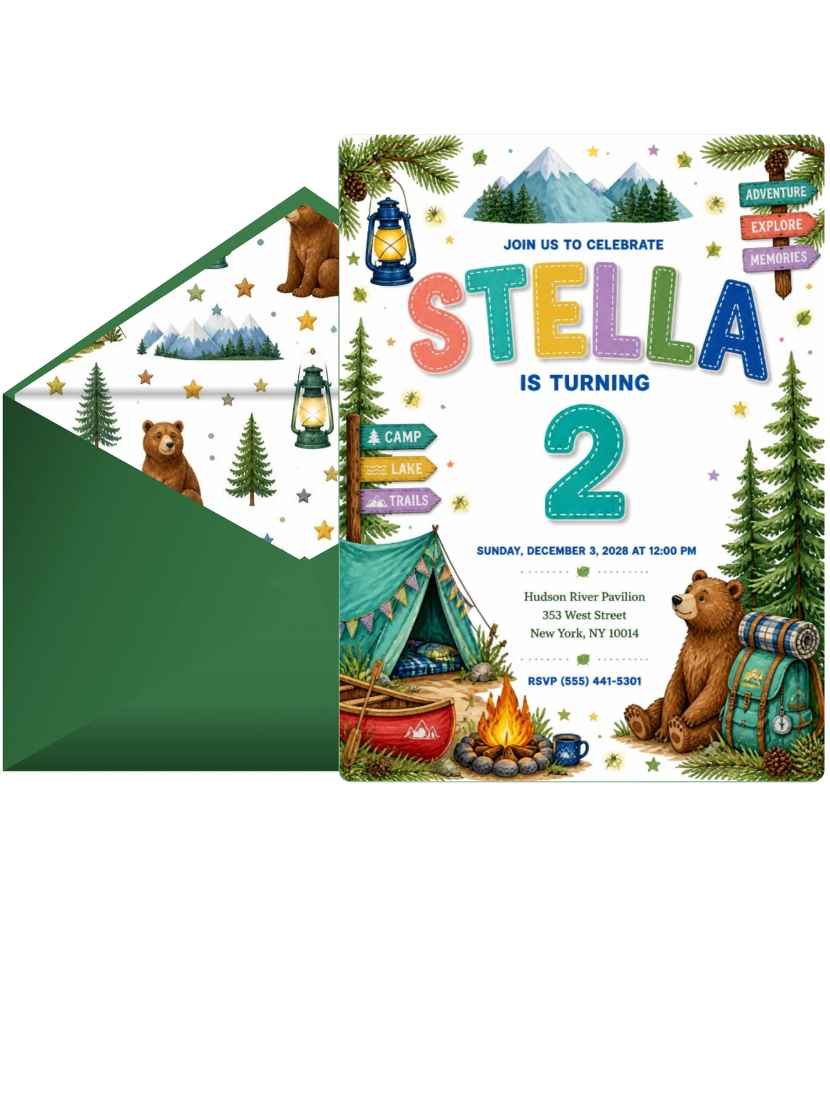 Stitched Camping 2nd Birthday Invitation