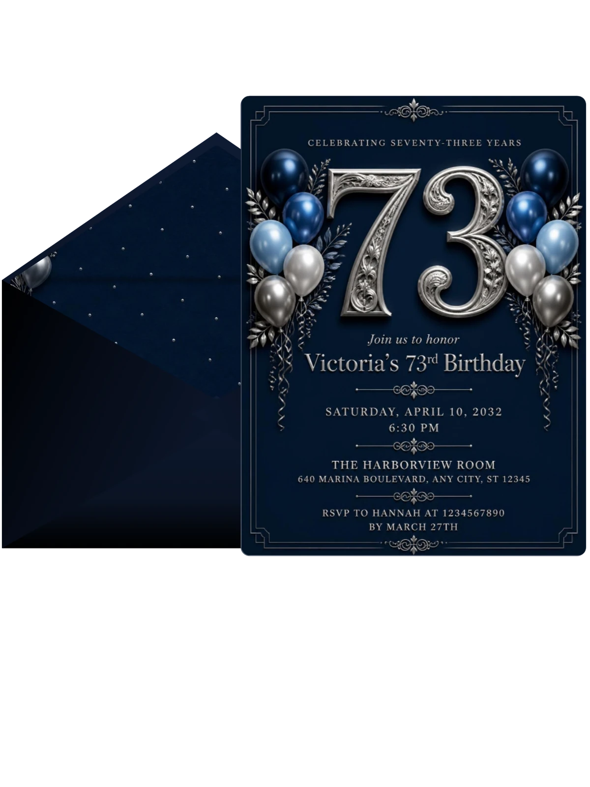 Navy and Silver 73rd Birthday Invitation