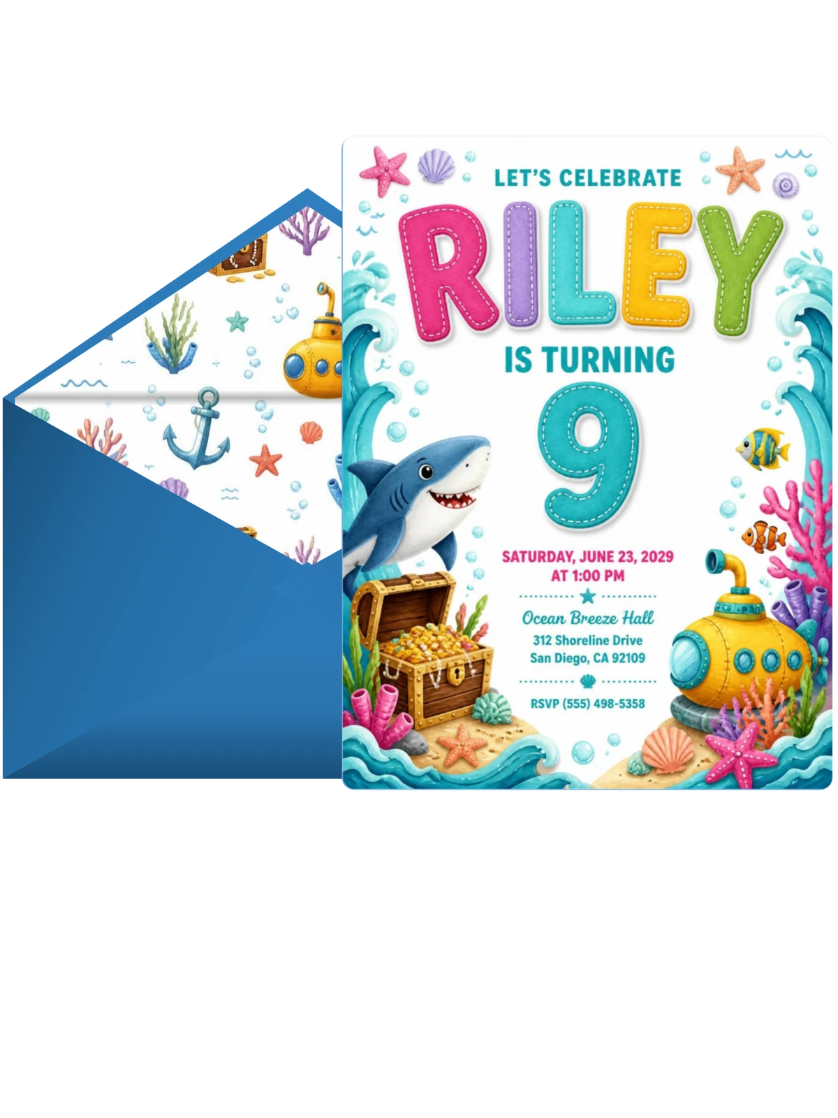 Stitched Shark 9th Birthday Invitation