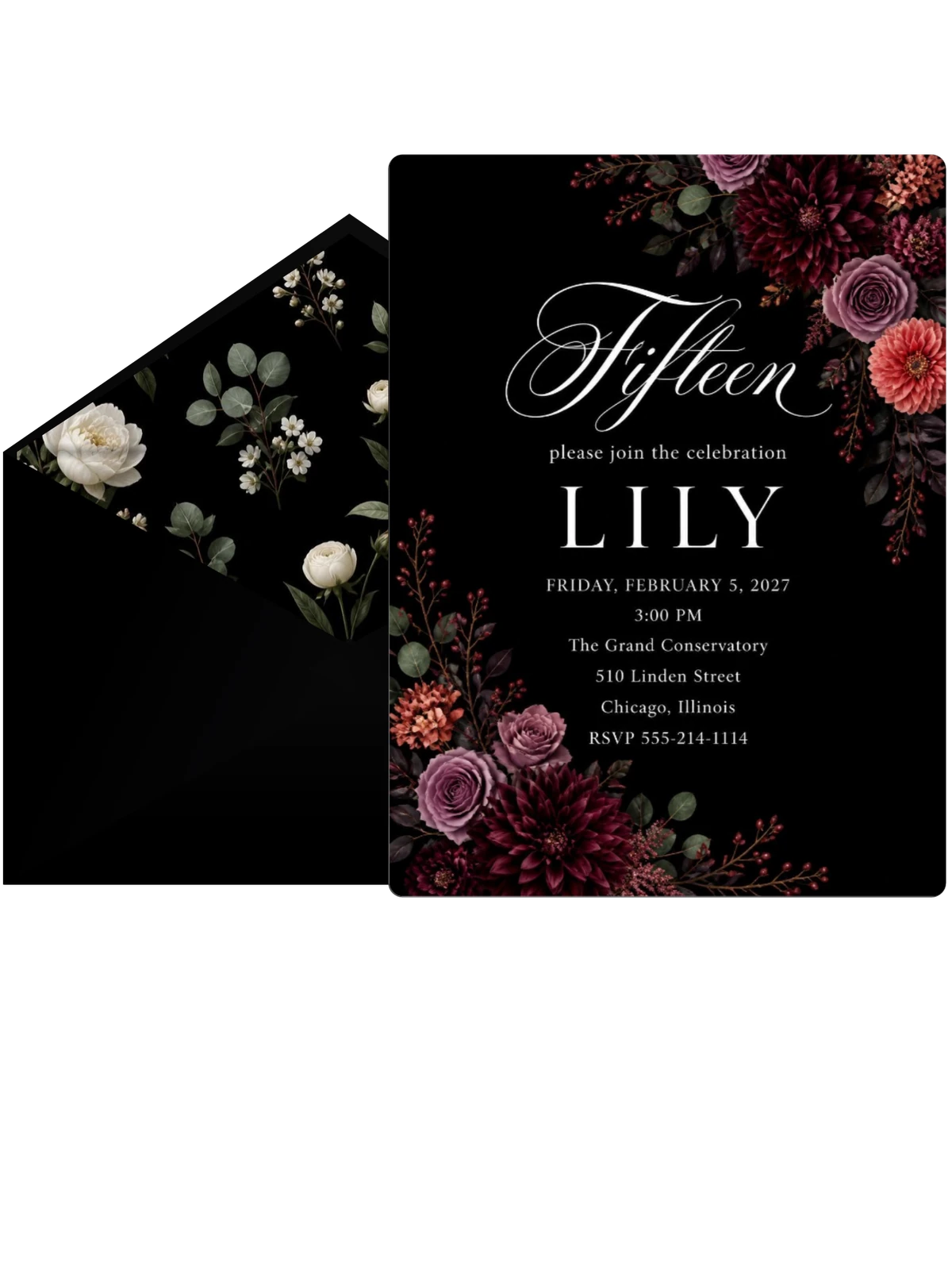 Black Floral 15th Birthday Invitation