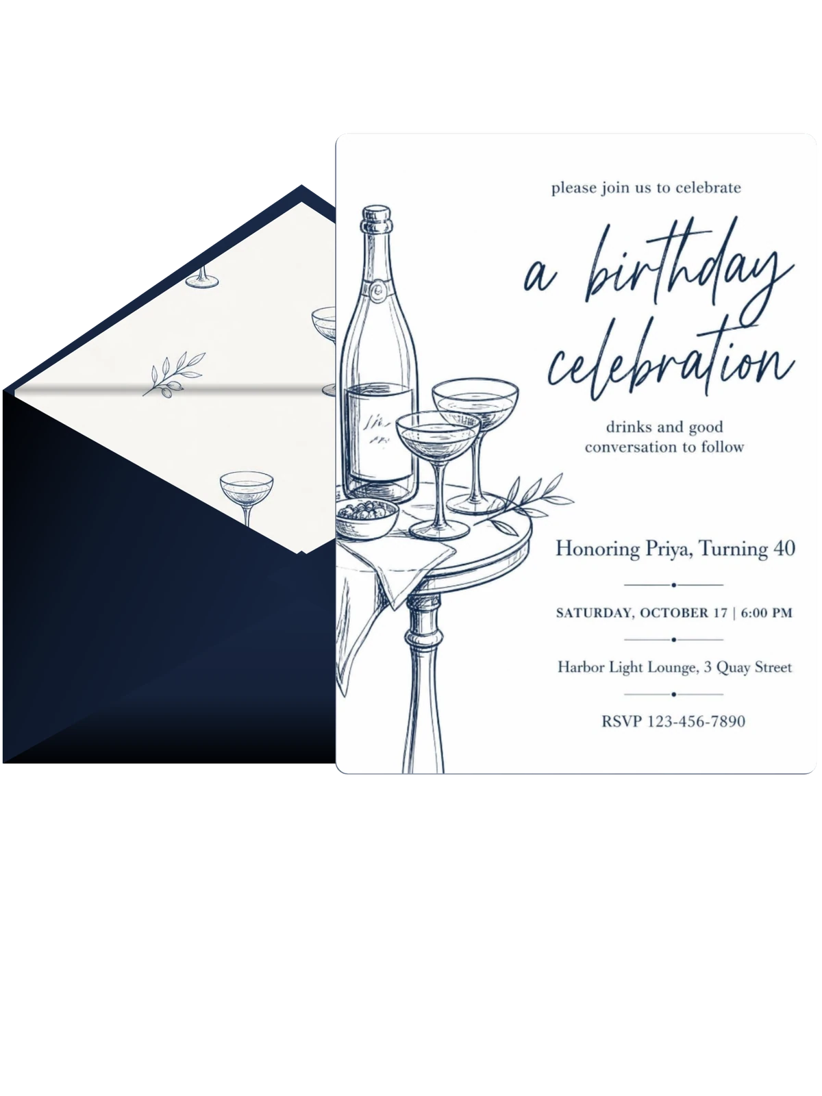 Navy Ink Champagne 40th Birthday Illustration