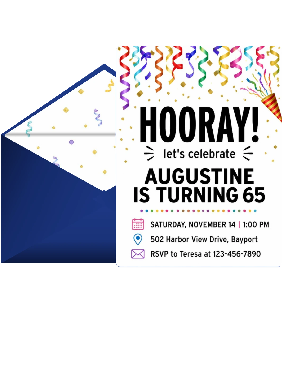Rainbow Streamer Confetti 65th Birthday Invitation