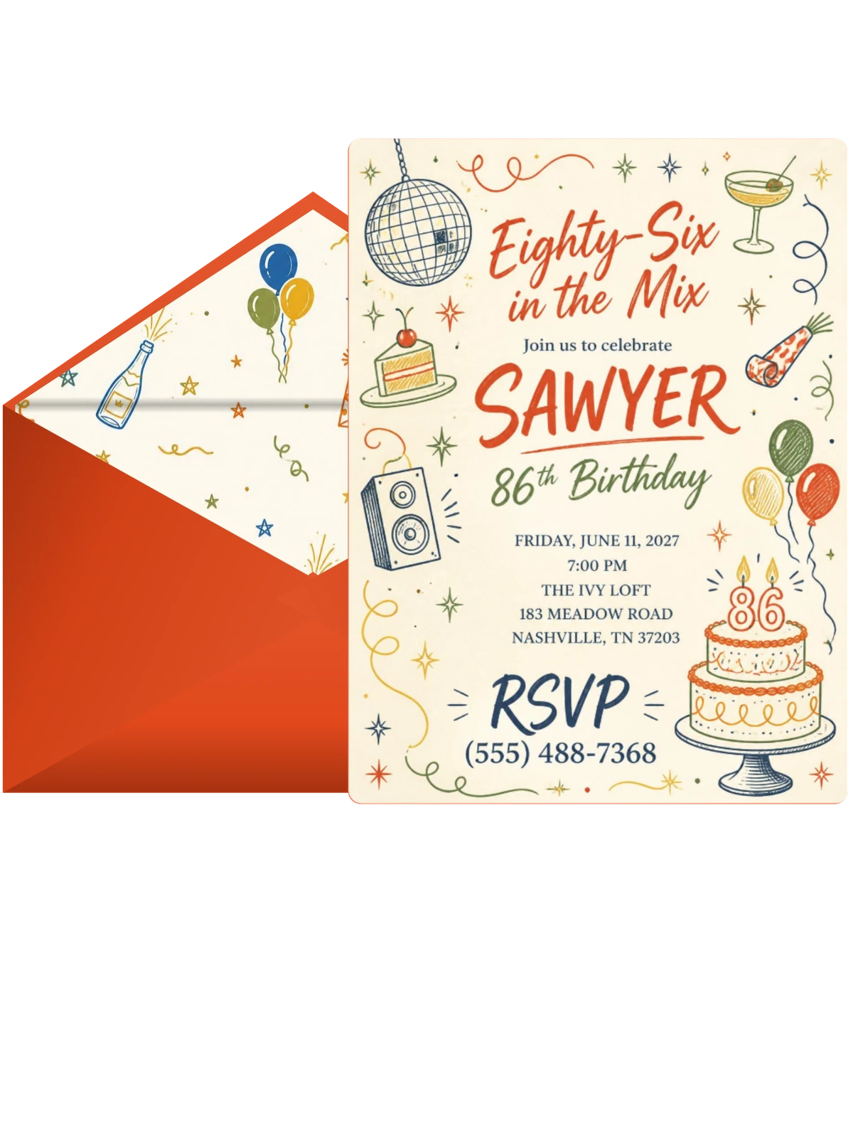 Retro Doodle 86th Birthday Invitation