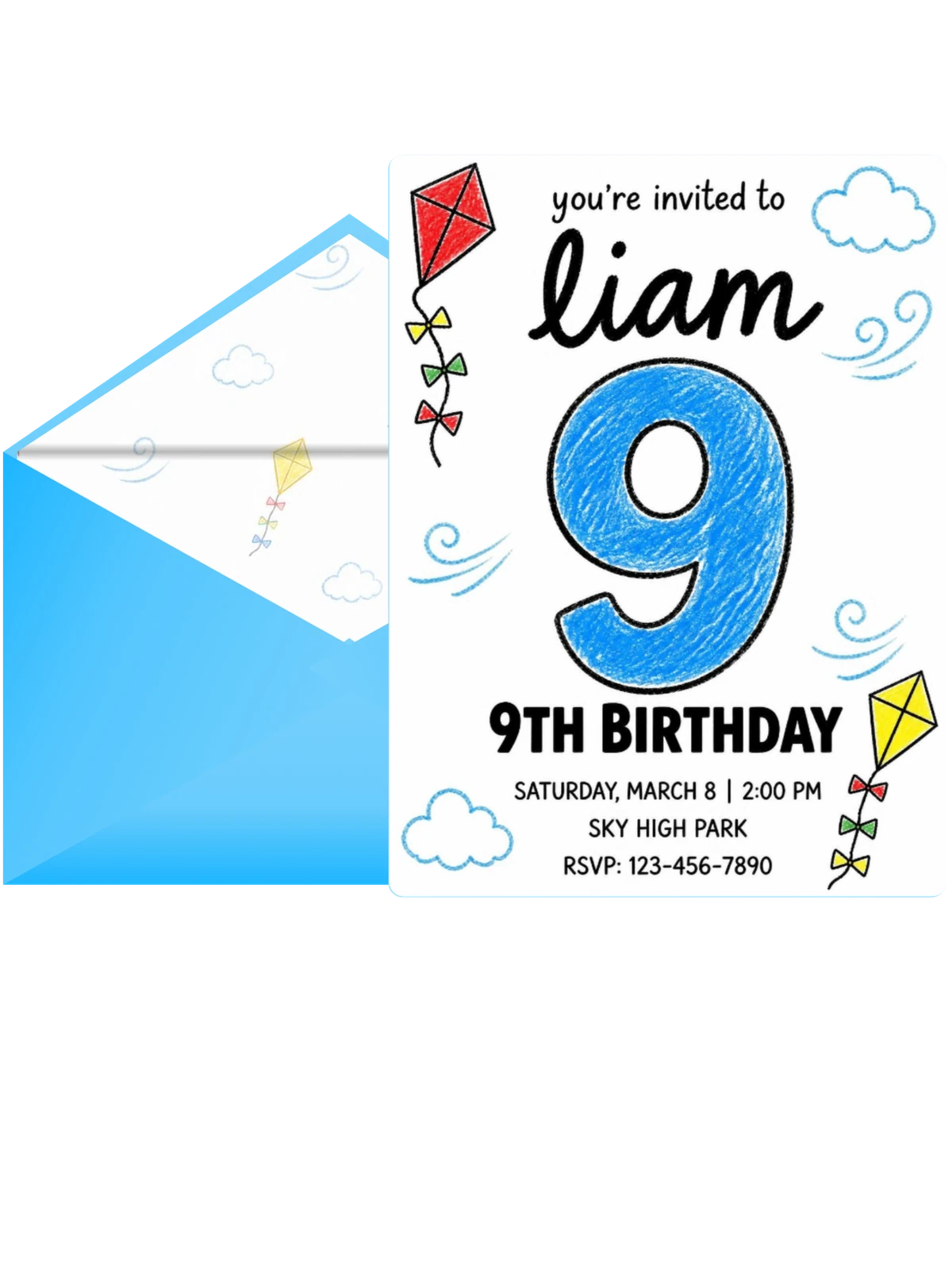 Crayon Kite Illustration 9th Birthday Invitation