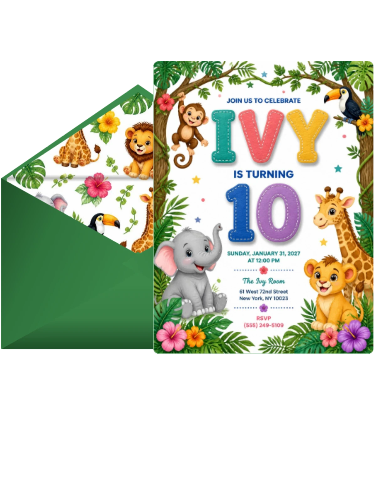 Stitched Safari 10th Birthday Invitation