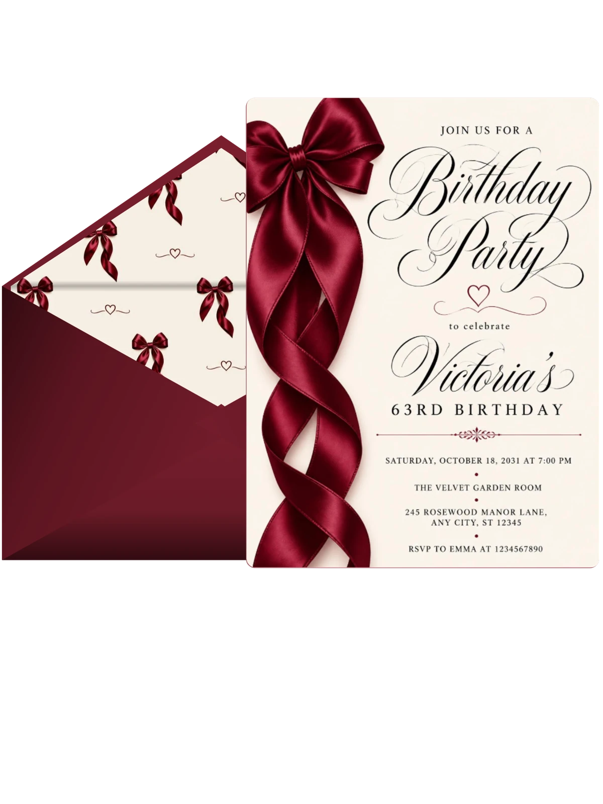 Burgundy Satin Bow 63rd Birthday Invitation