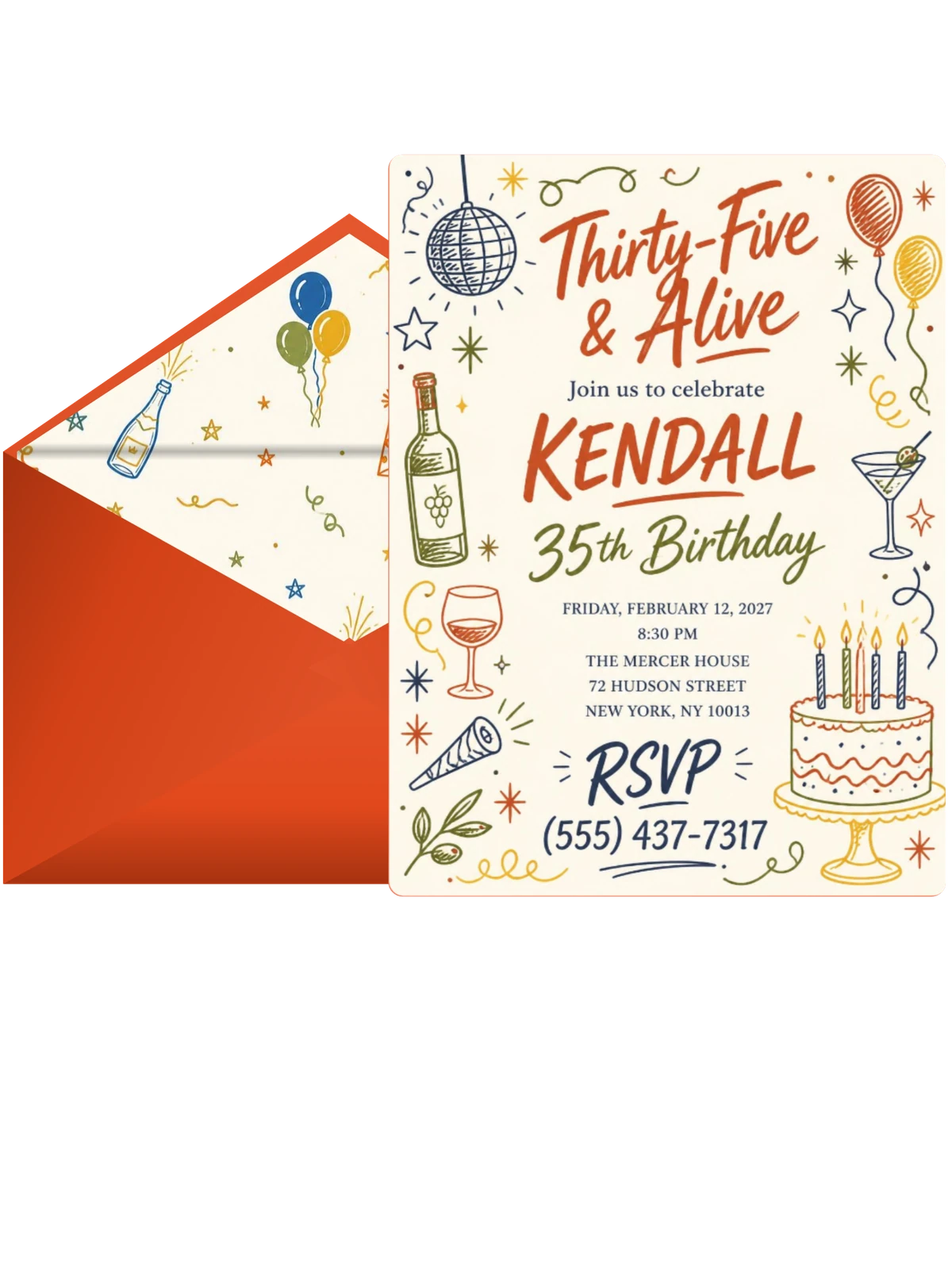 Retro Doodle 35th Birthday Invitation