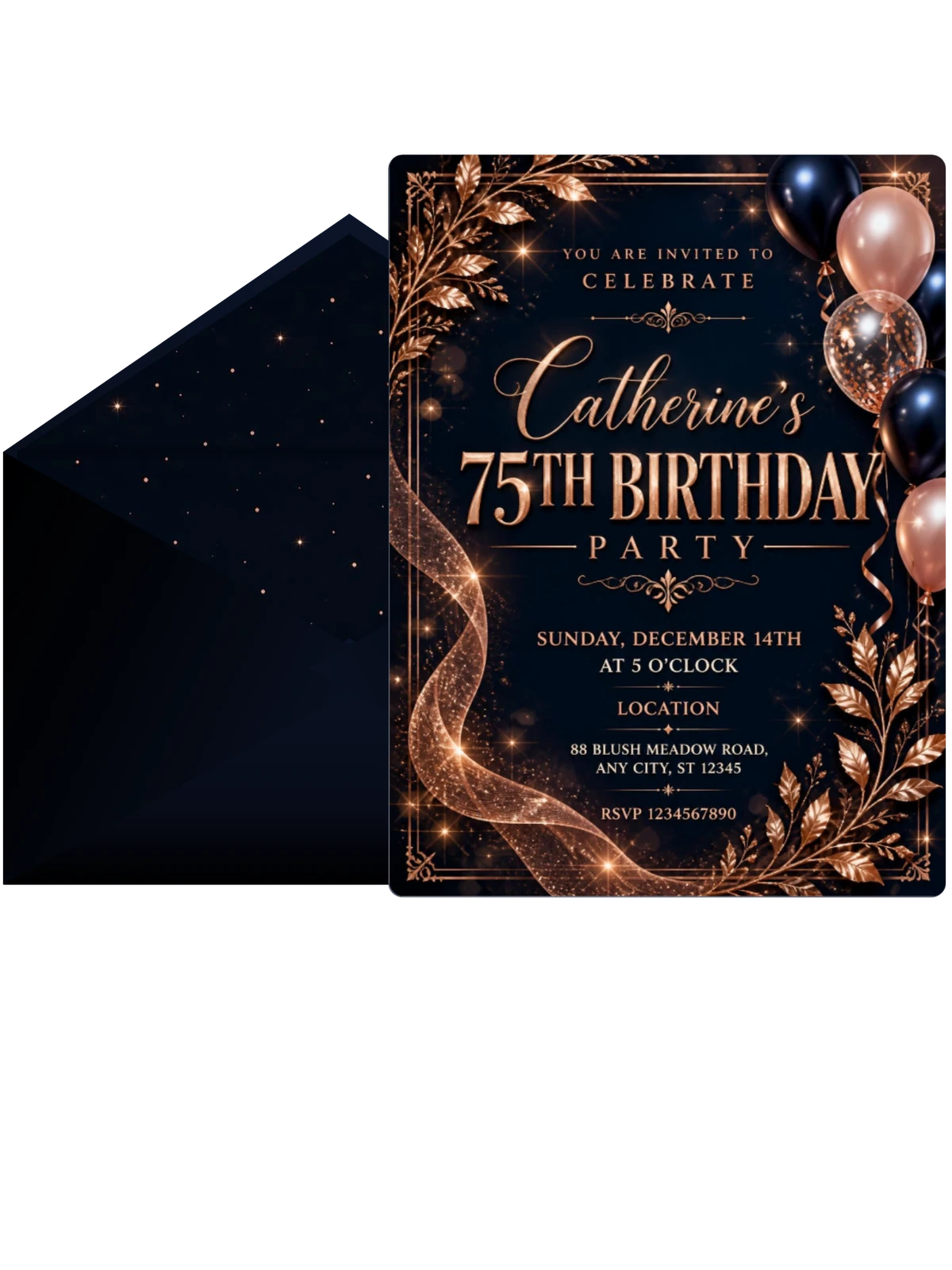 Navy and Rose Gold 75th Birthday Invitation