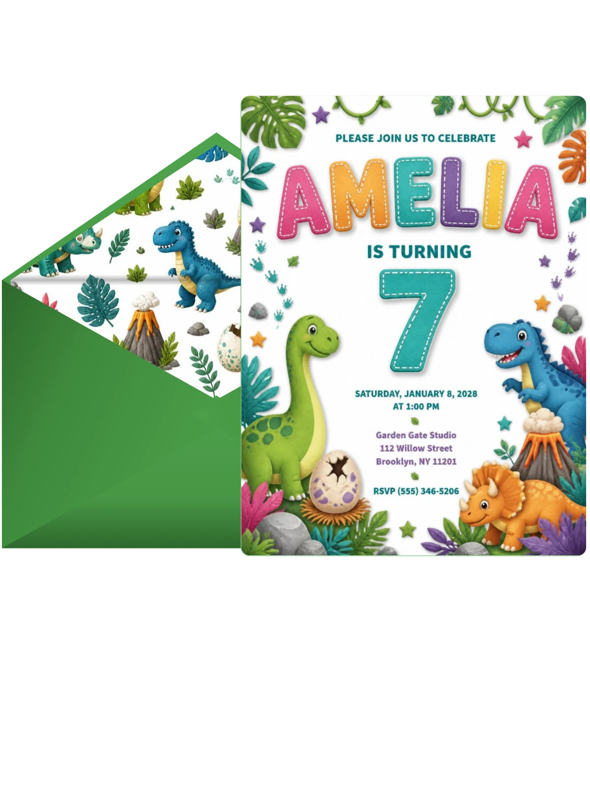 Stitched Dinosaur 7th Birthday Invitation