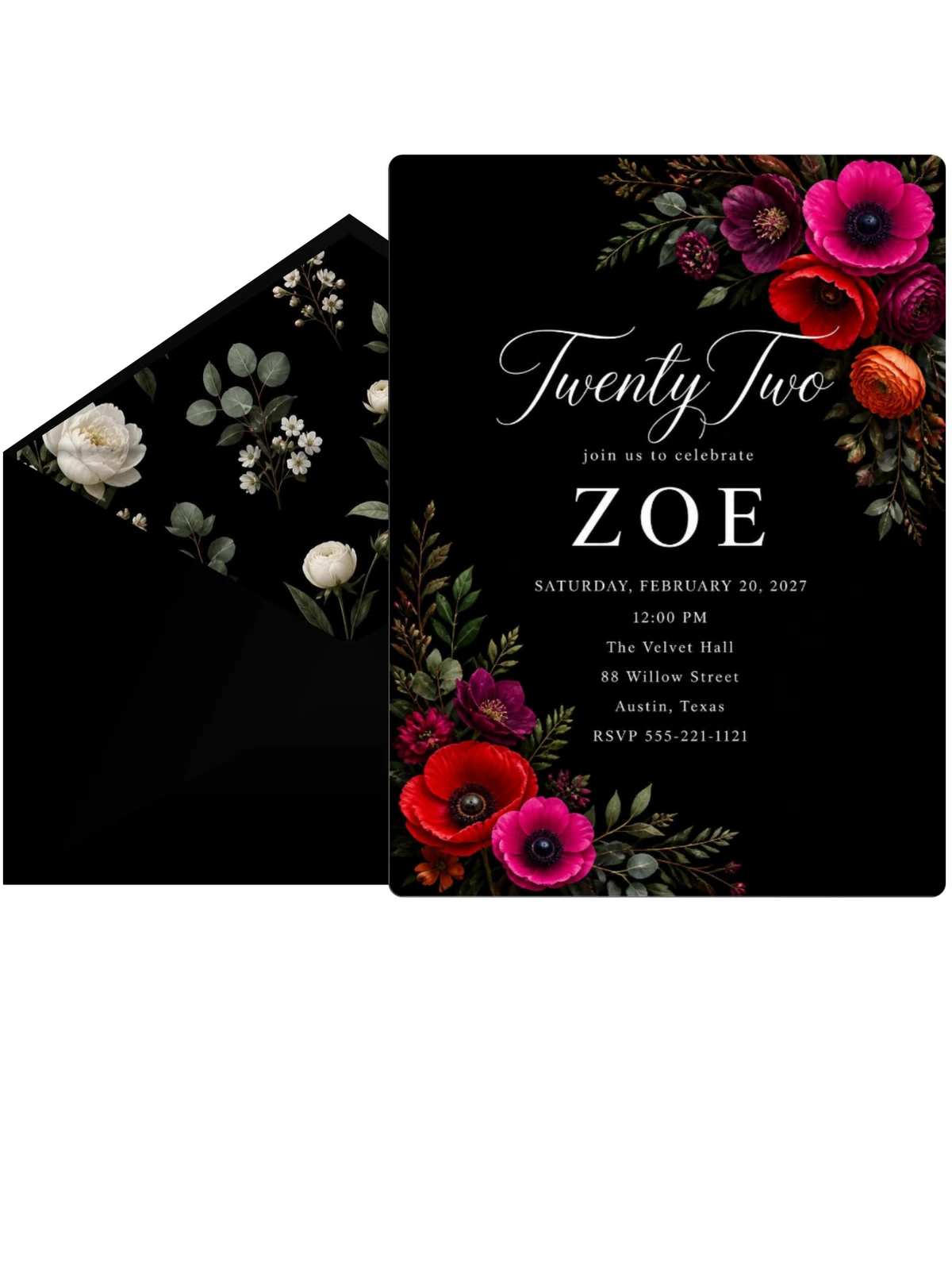 Black Floral 22nd Birthday Invitation