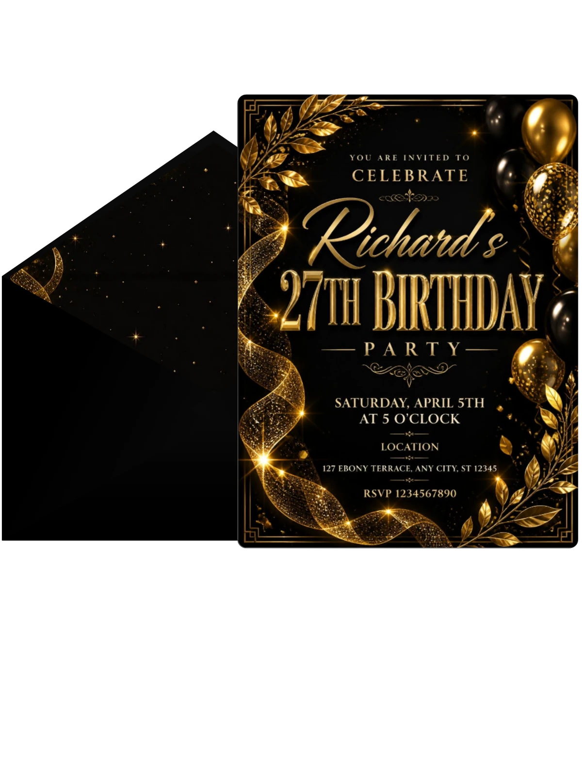 Black and Gold 27th Birthday Invitation