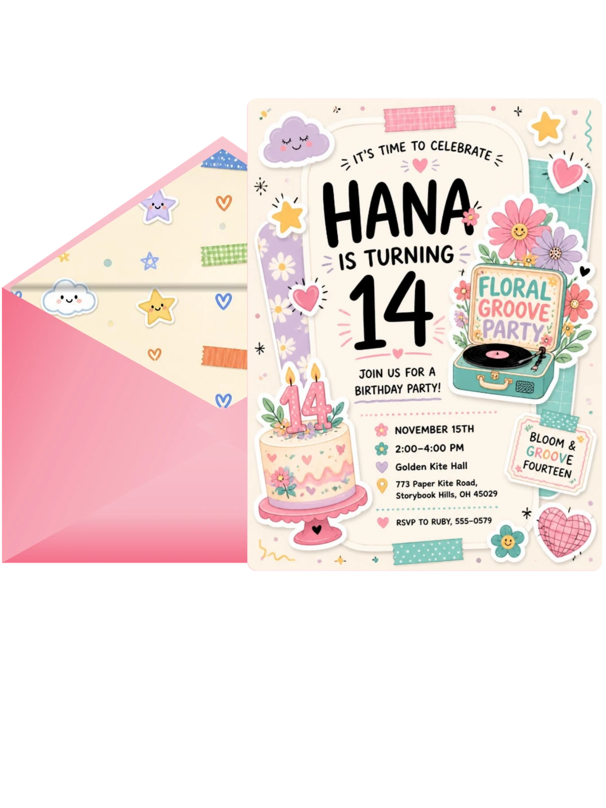 Floral Groove 14th Birthday Invitation