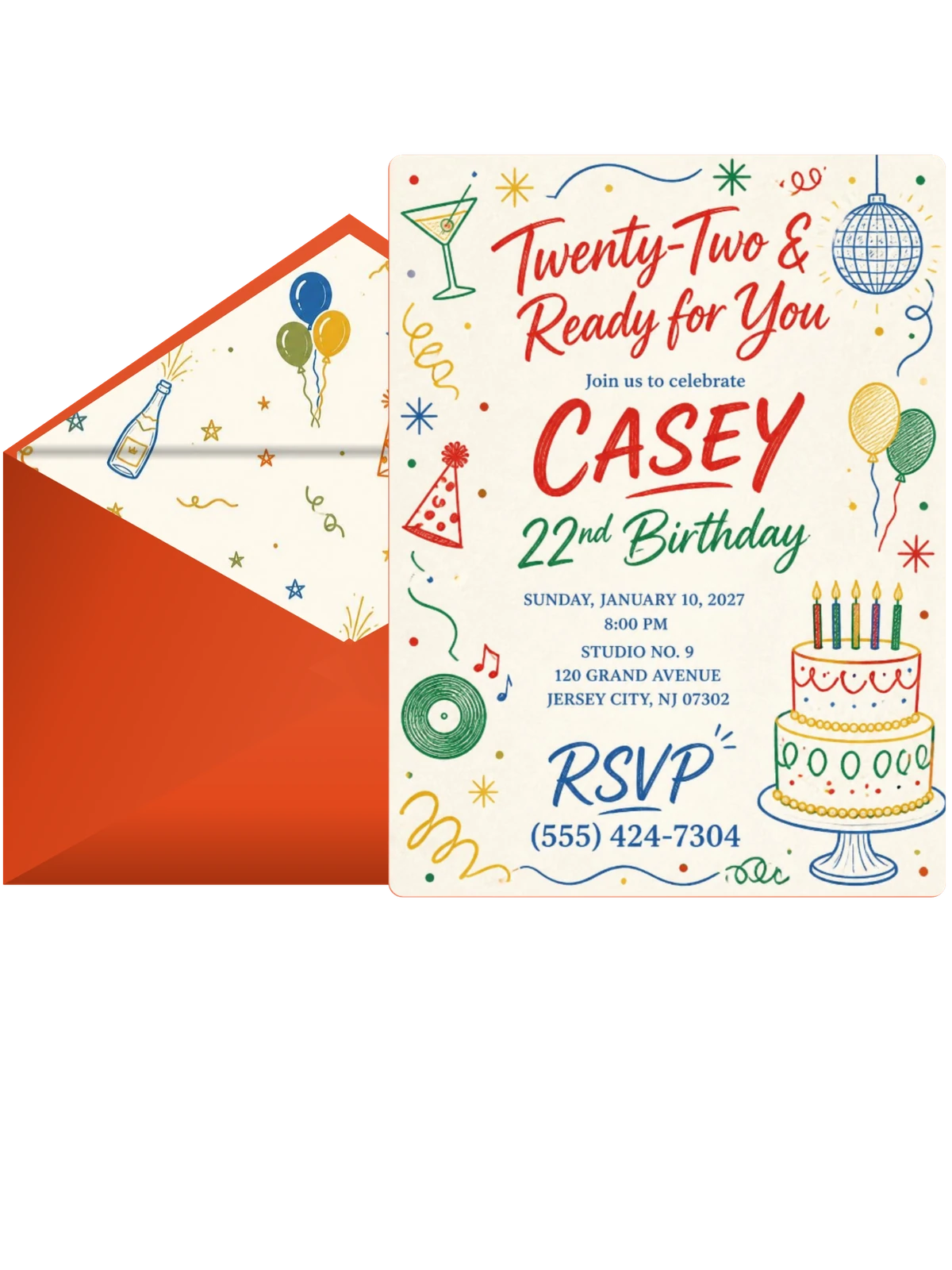 Retro Doodle 22nd Birthday Invitation