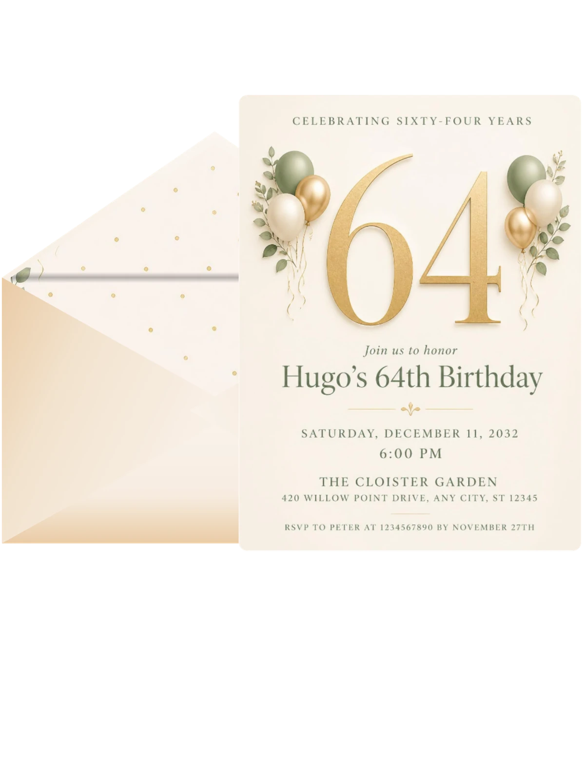 Sage and Ivory 64th Birthday Invitation