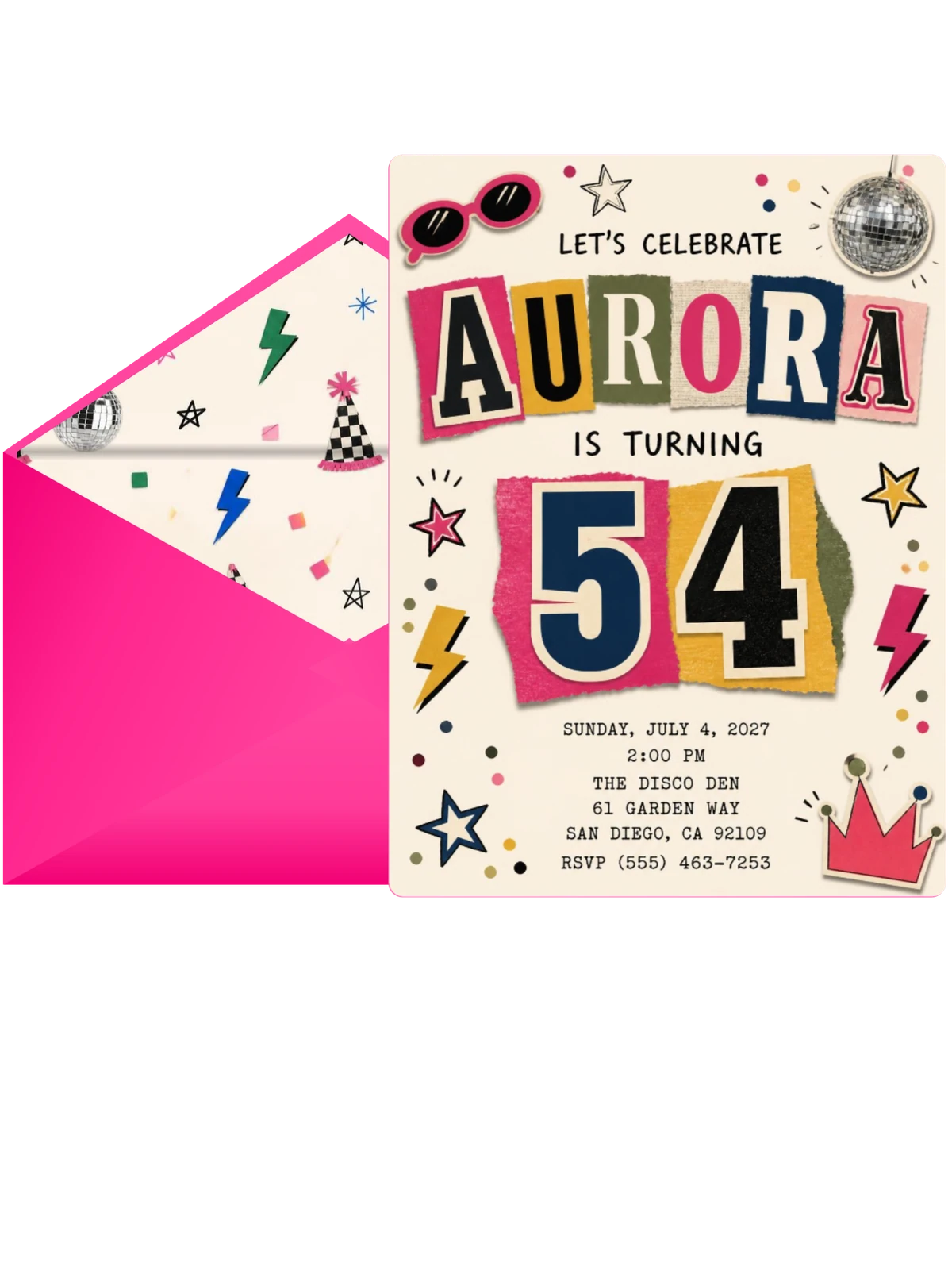 Retro Paper Collage 54th Birthday Invitation