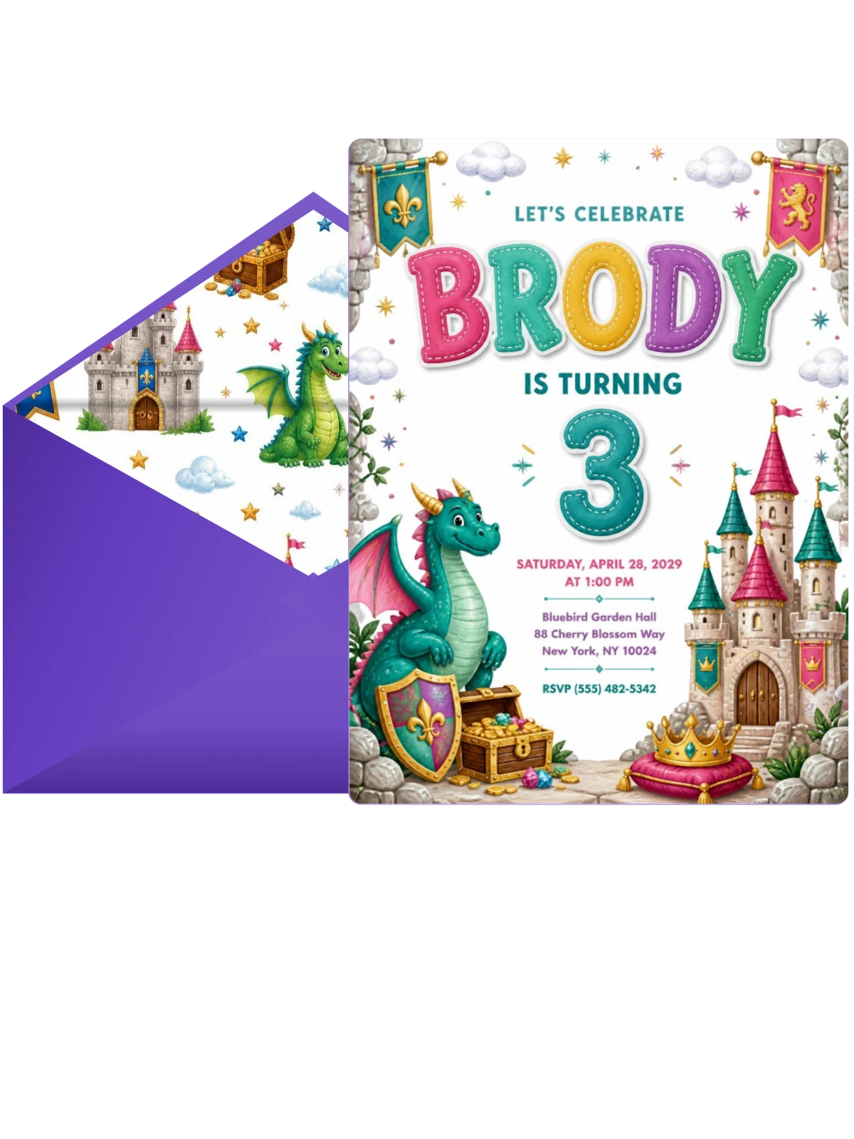Stitched Dragon Castle 3rd Birthday Invitation