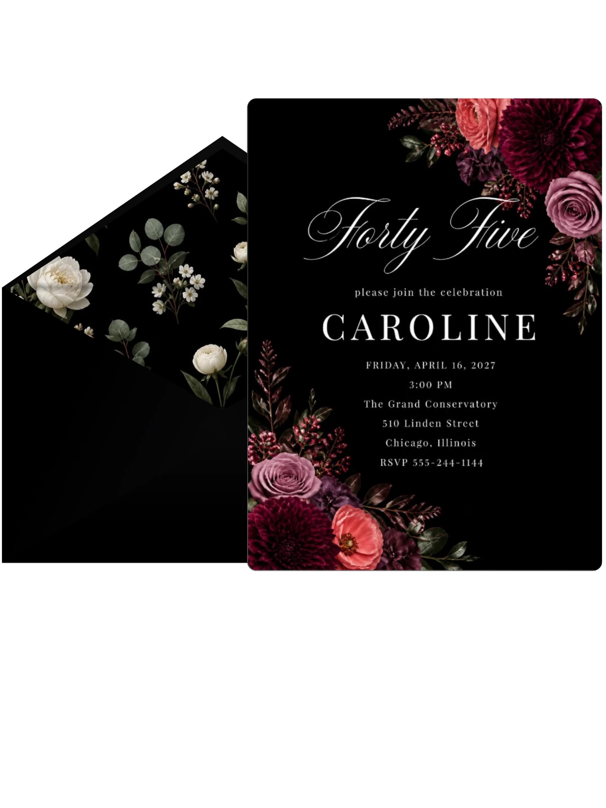 Black Floral 45th Birthday Invitation
