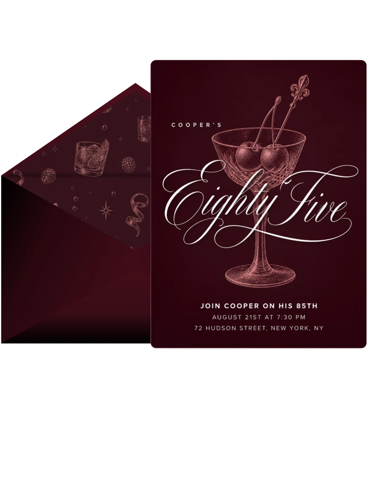 Burgundy Cocktail 85th Birthday Invitation