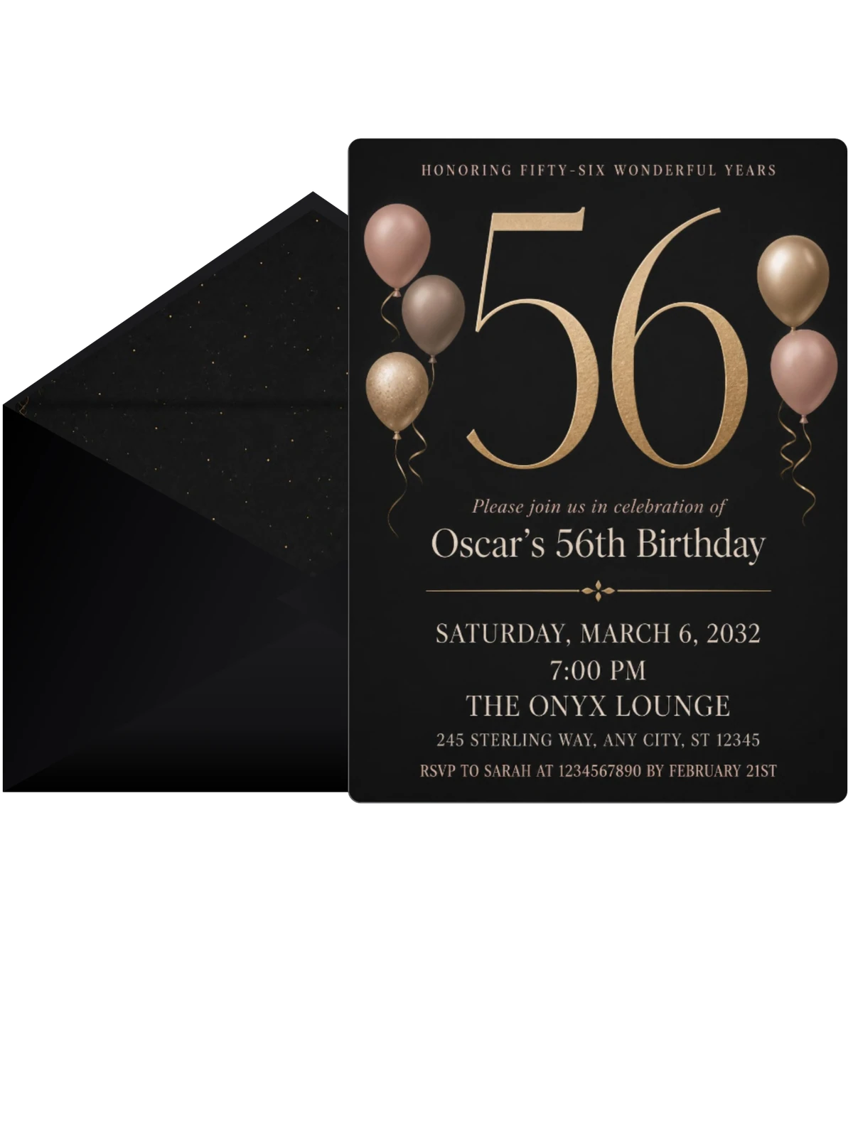 Charcoal and Blush 56th Birthday Invitation