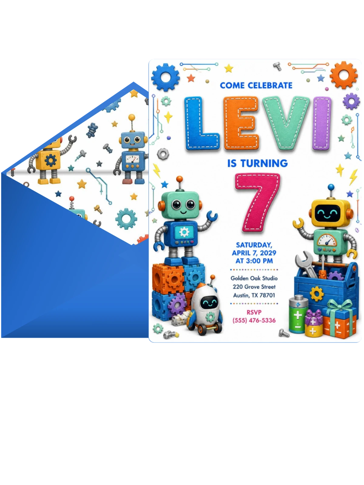Stitched Robot 7th Birthday Invitation