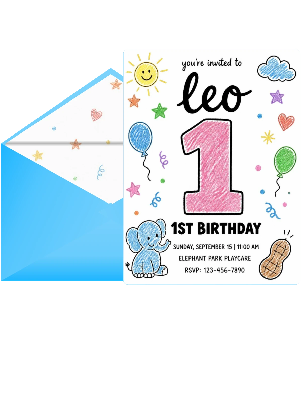 Crayon Elephant 1st Birthday Invitation
