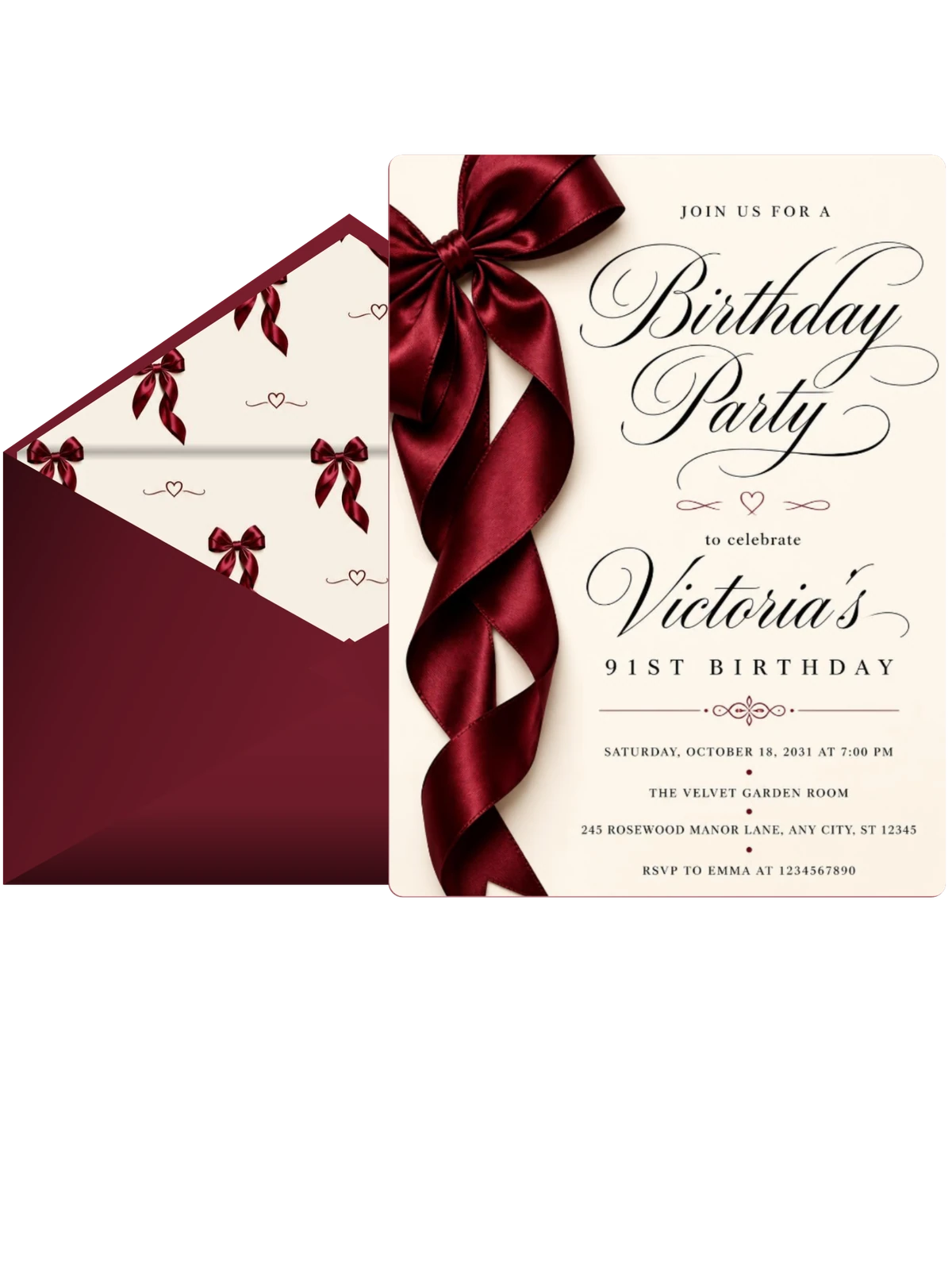 Burgundy Satin Bow 91st Birthday Invitation