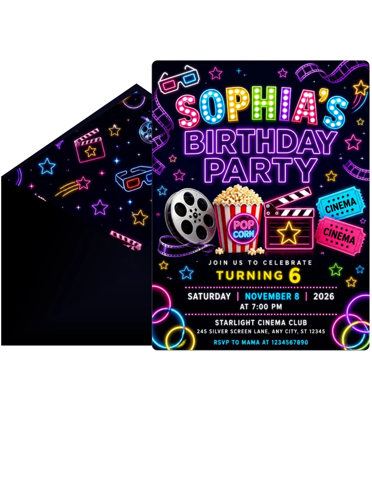 Neon Movie Night 6th Birthday Invitation