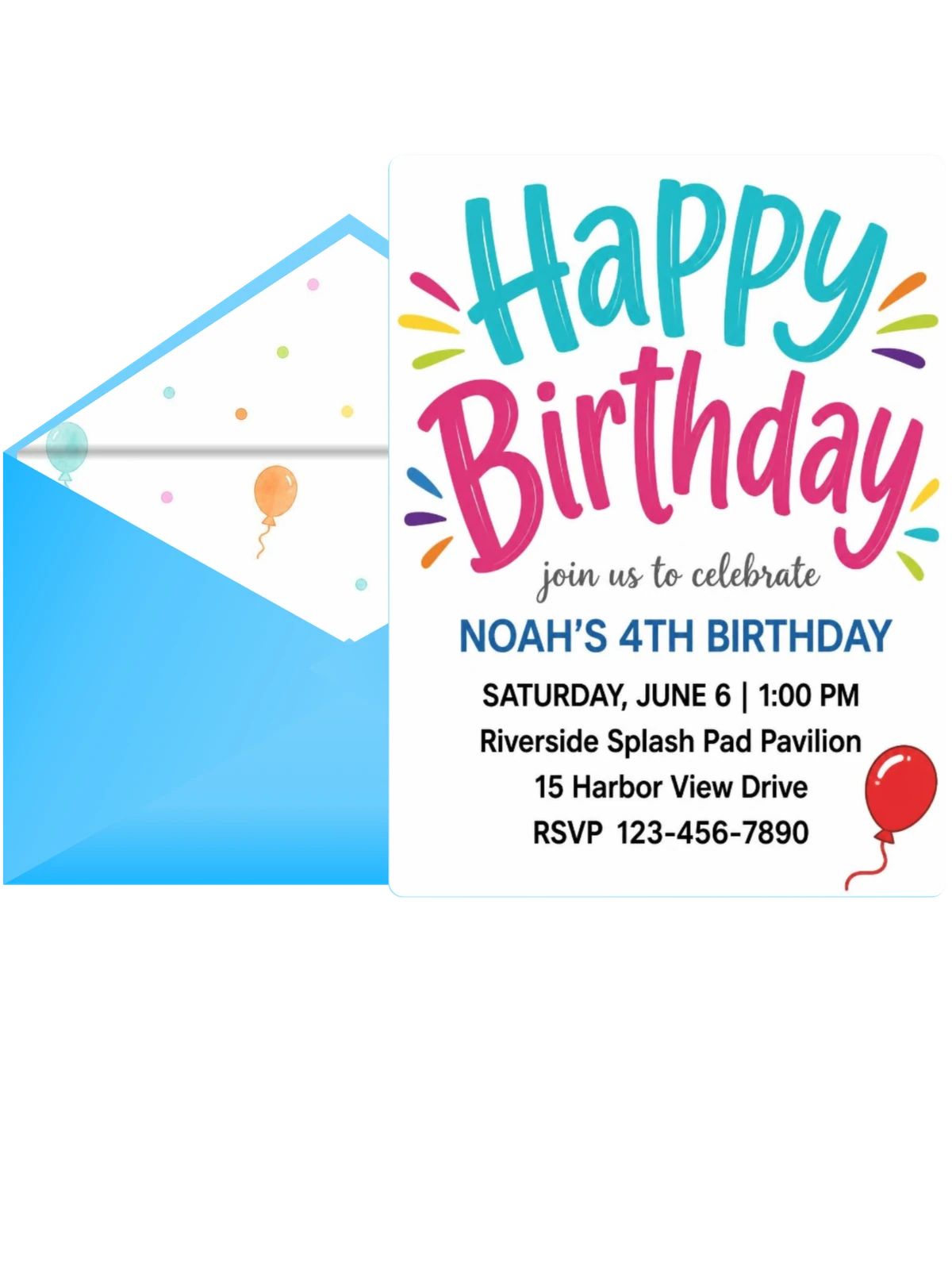 Colorful Balloon 4th Birthday Invitation
