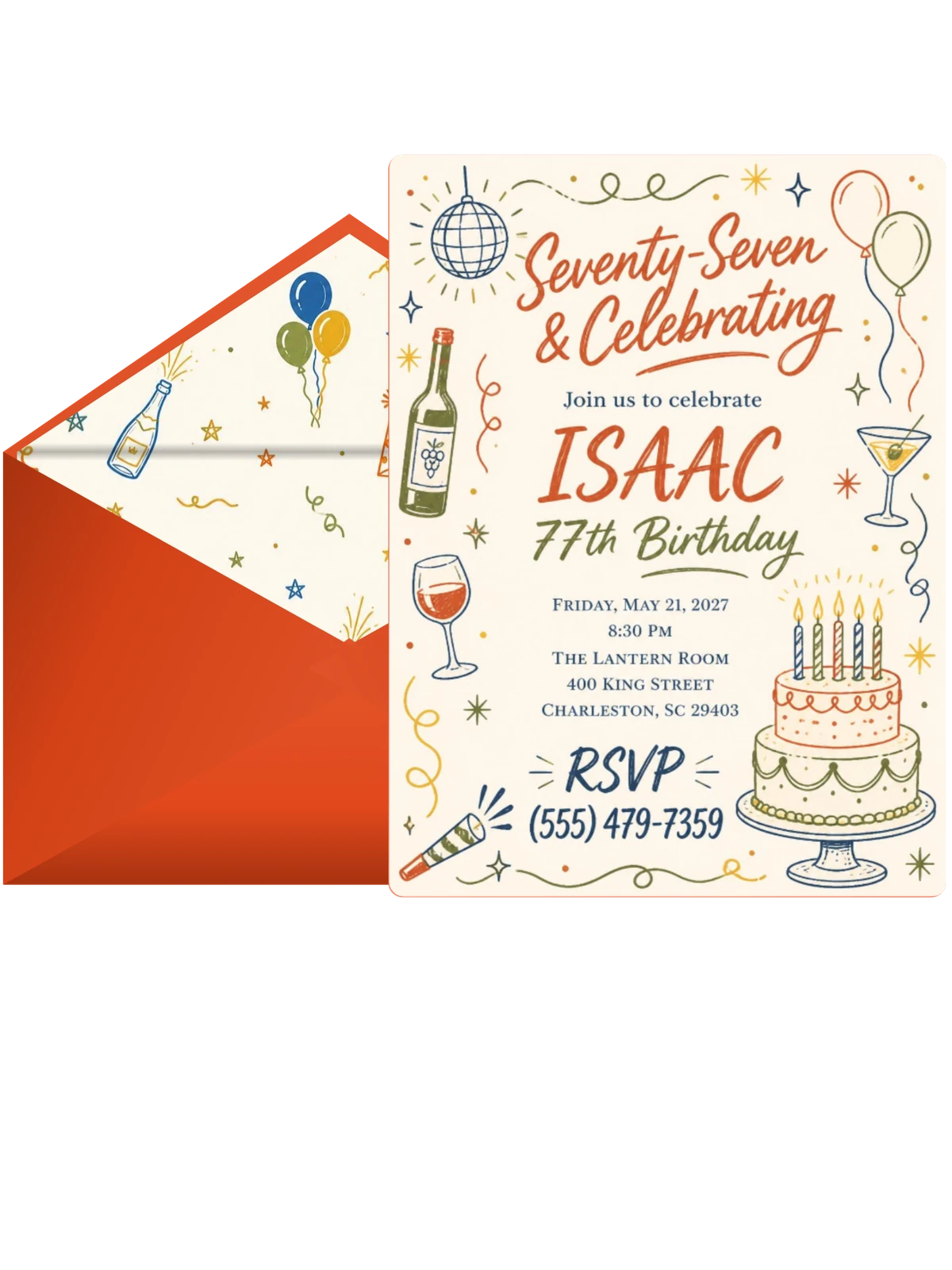 Retro Doodle 77th Birthday Invitation