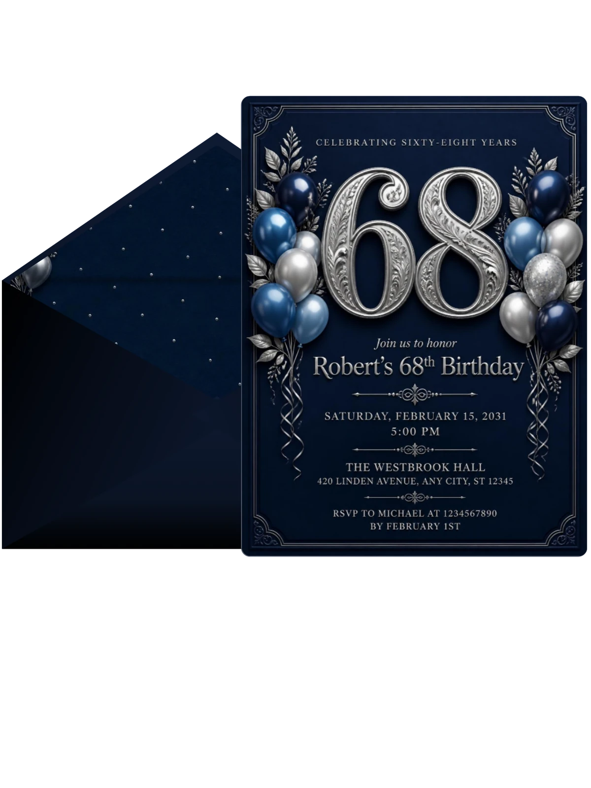 Navy and Silver 68th Birthday Invitation