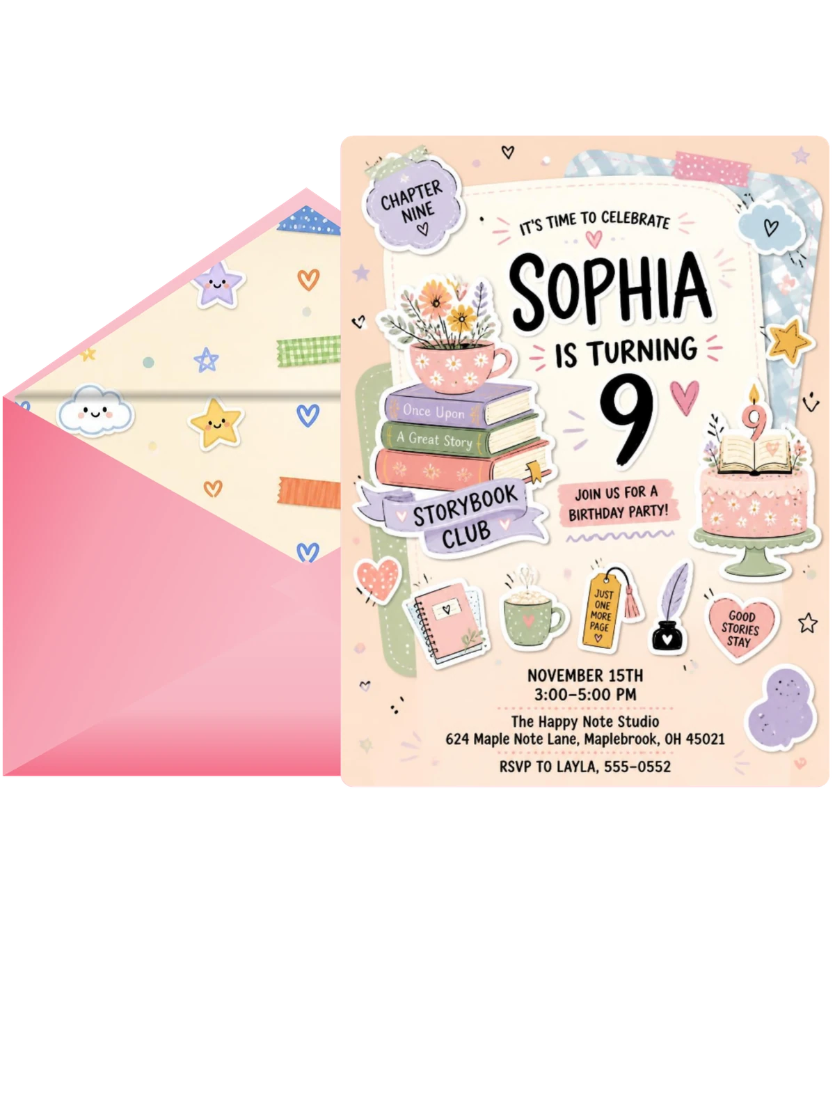 Teacup Pastel Scrapbook 9th Birthday Invitation