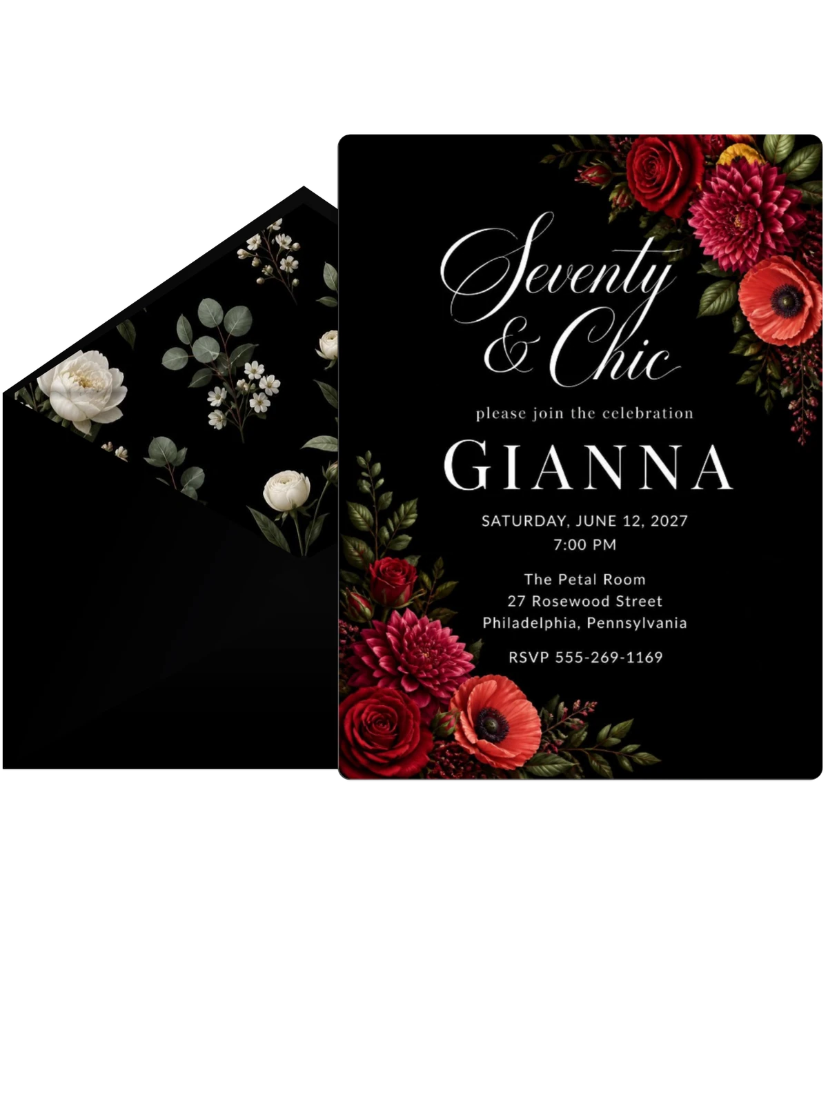 Black Floral 70th Birthday Invitation