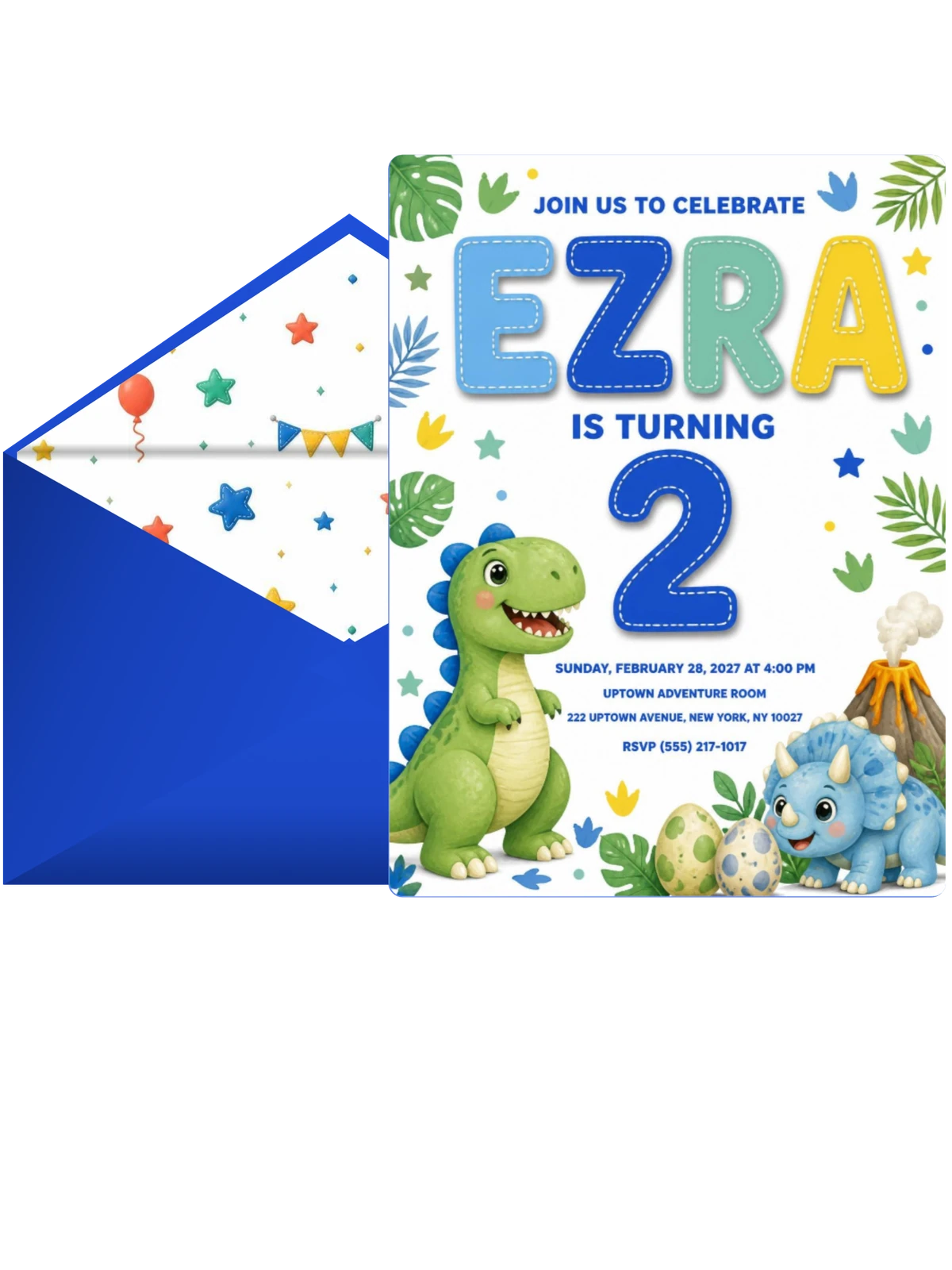 Stitched Green T-Rex 2nd Birthday Invitation