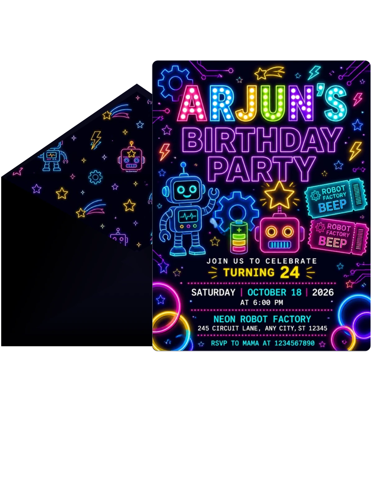 Neon Robots 24th Birthday Invitation