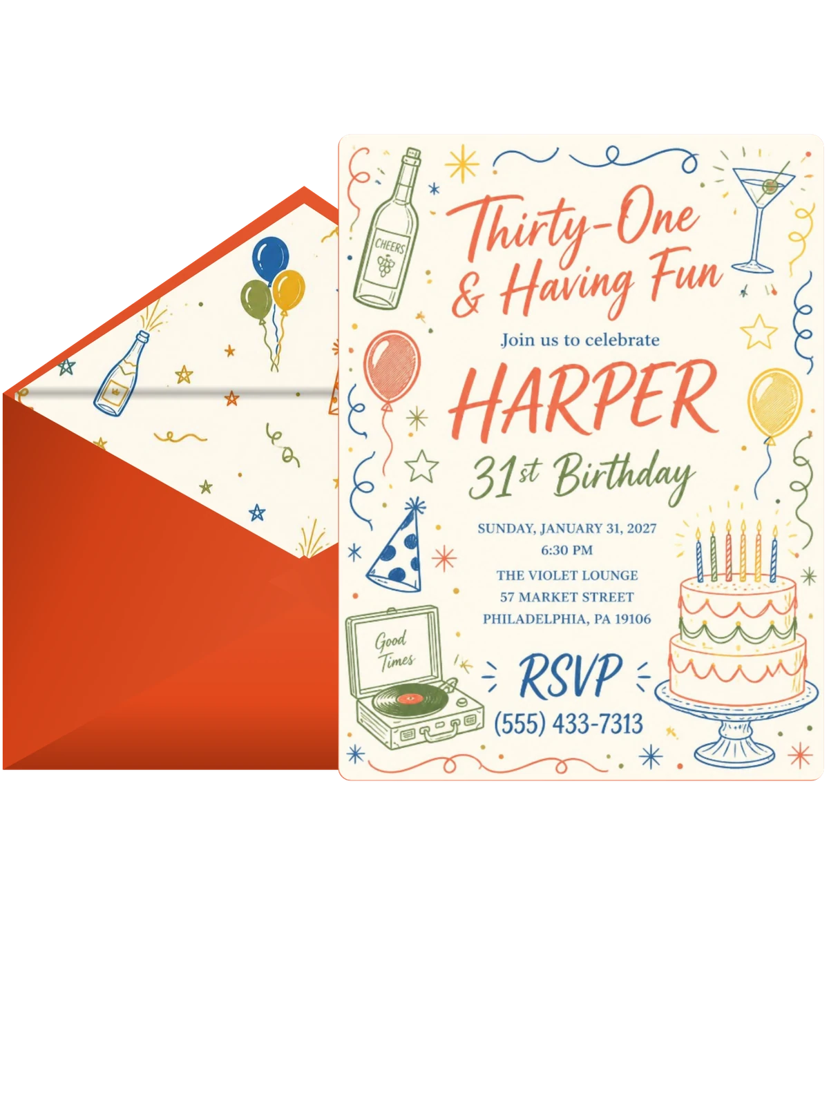 Retro Doodle 31st Birthday Invitation