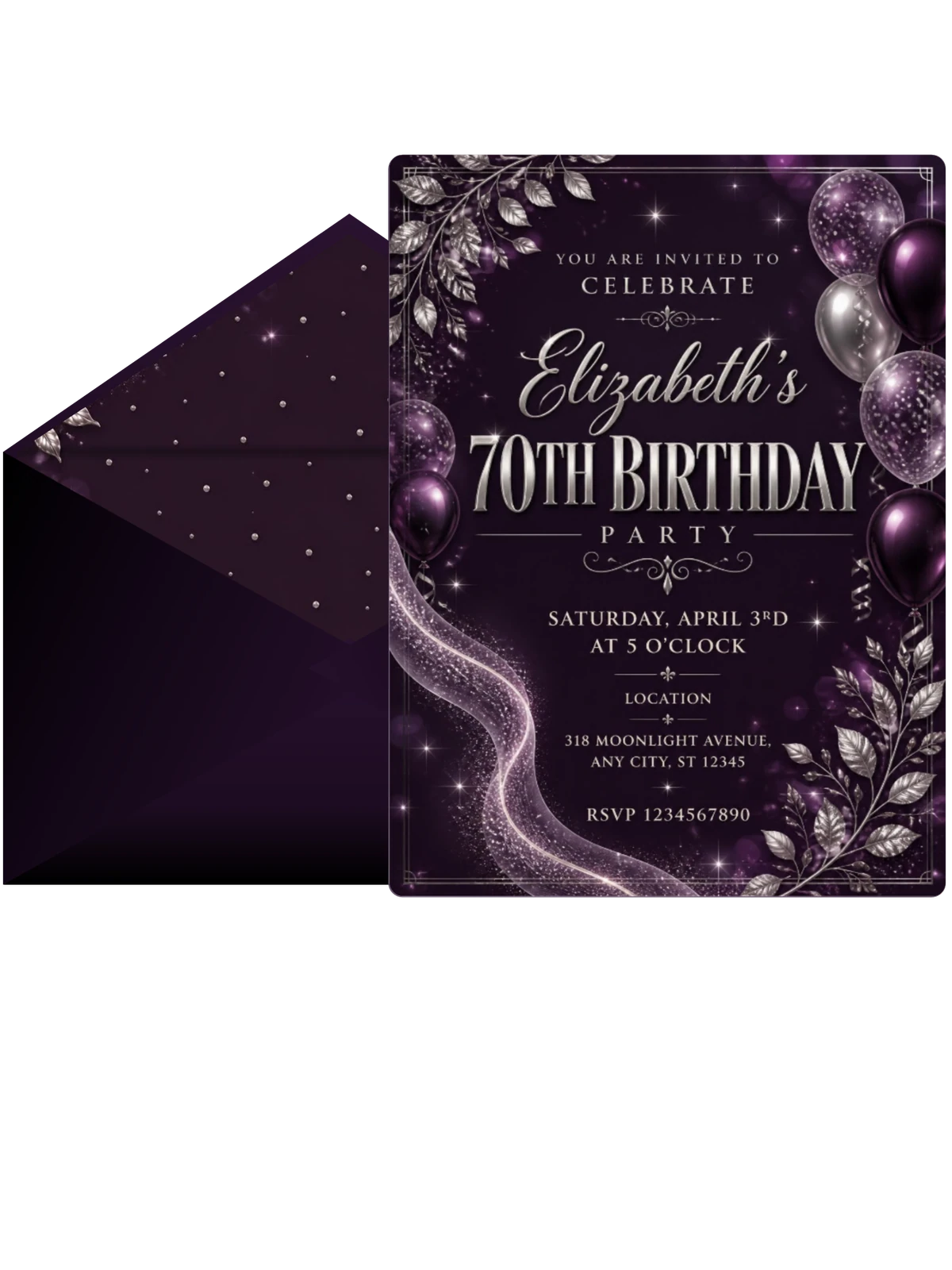Plum and Silver 70th Birthday Invitation