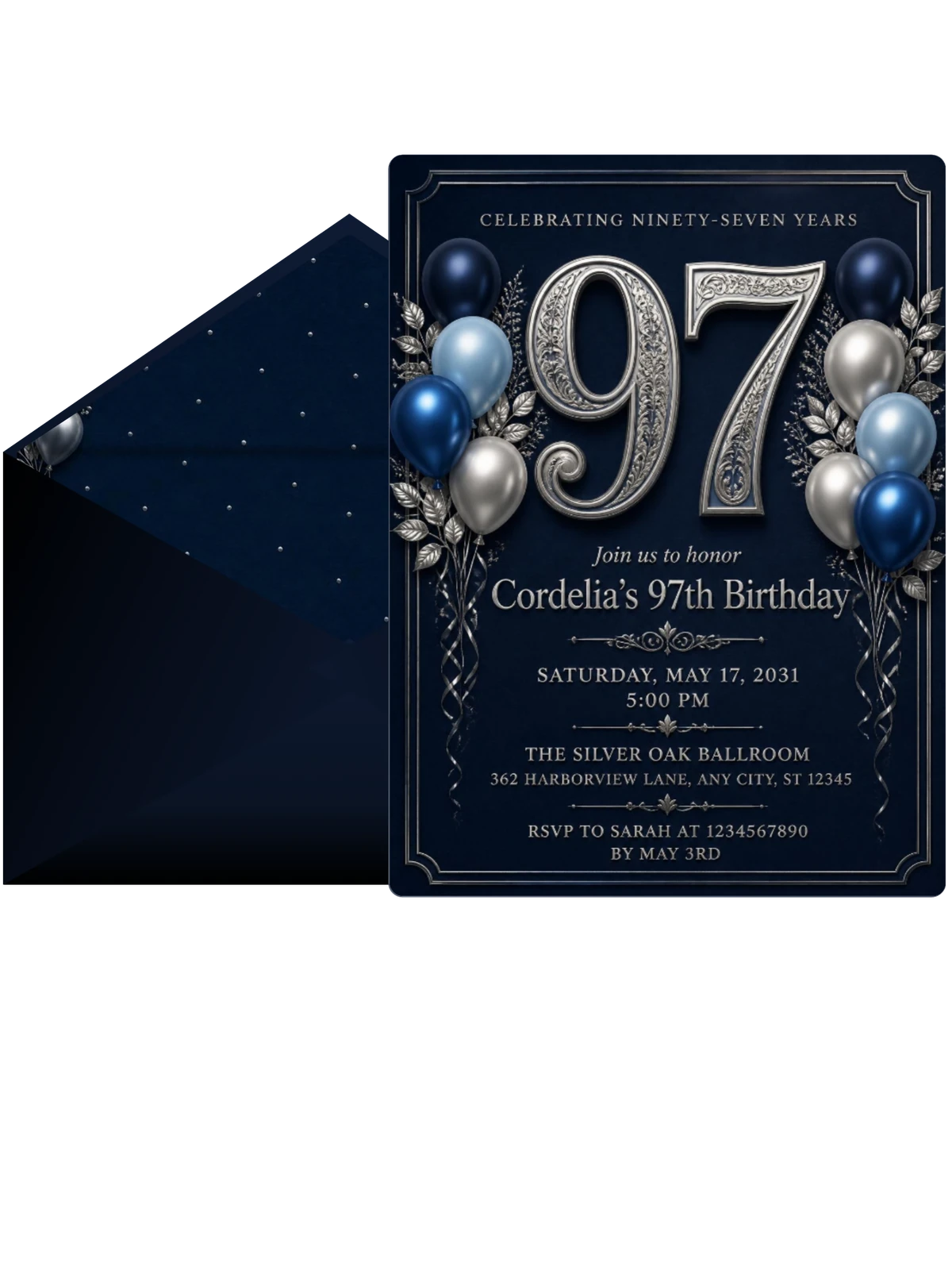 Navy and Silver 97th Birthday Invitation