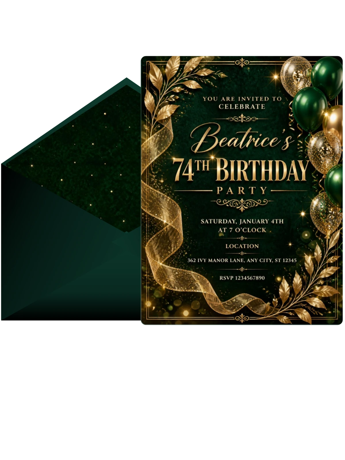 Emerald and Champagne 74th Birthday Invitation