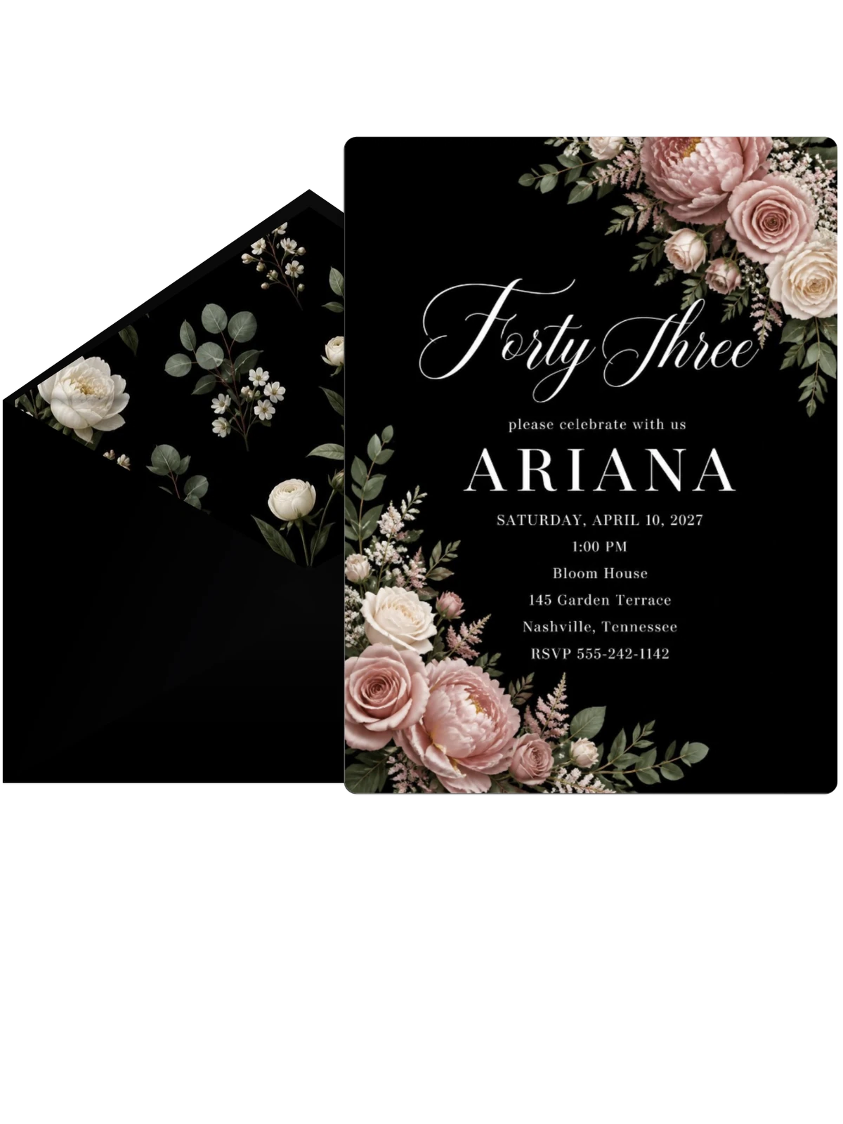 Black Floral 43rd Birthday Invitation