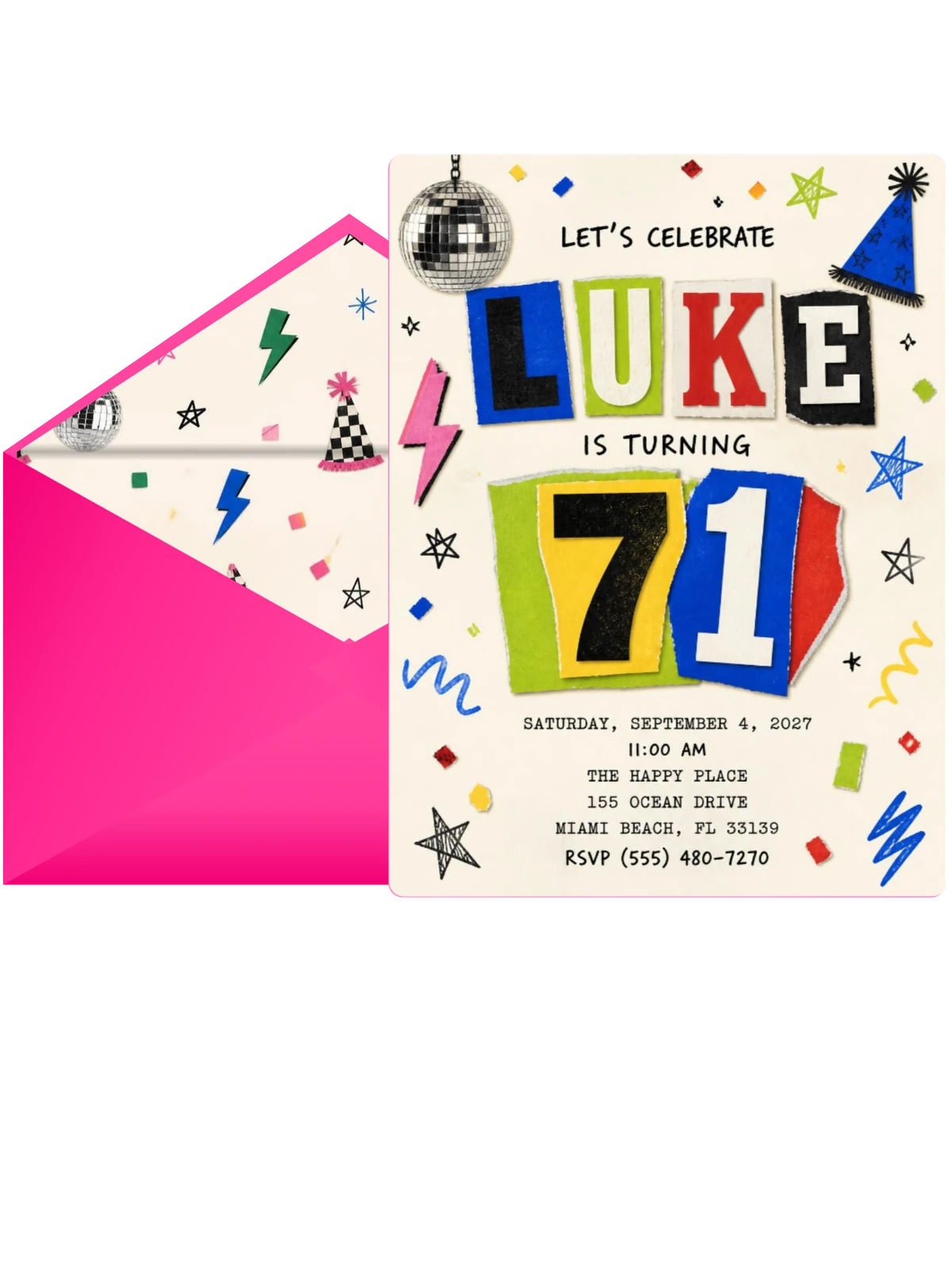 Retro Paper Collage 71st Birthday Invitation