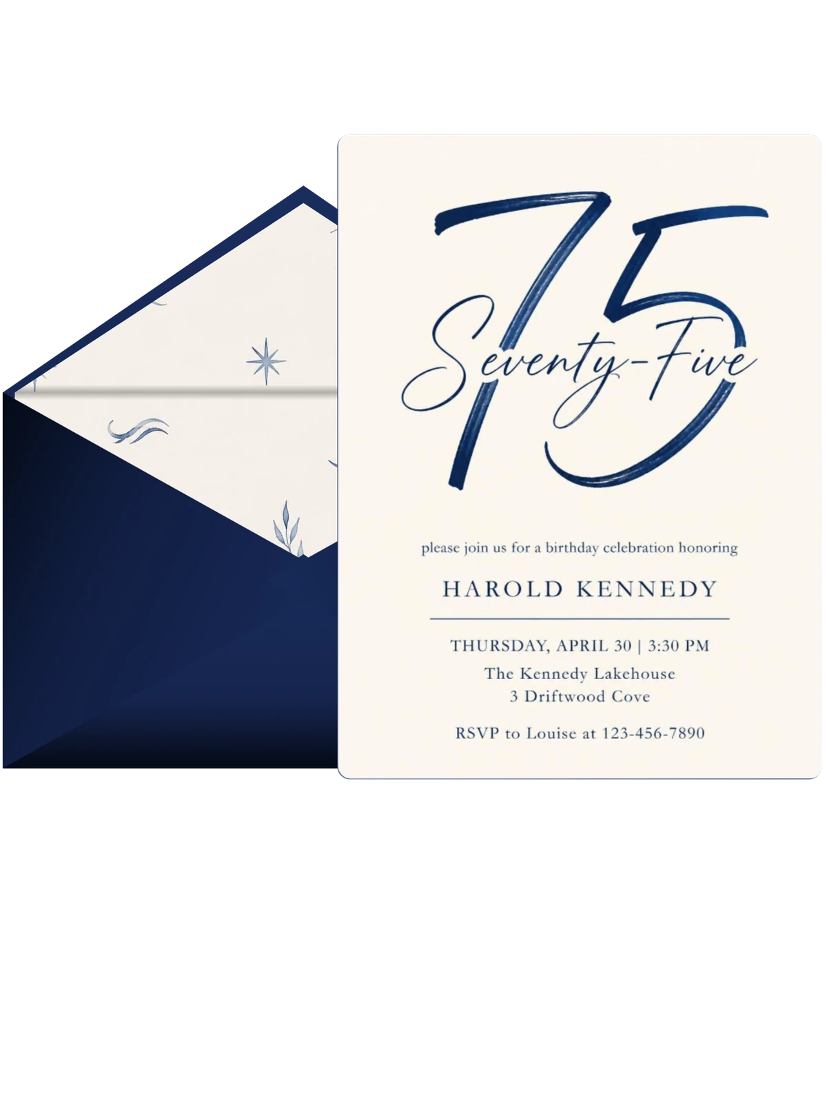 Navy Brush Script 75th Birthday