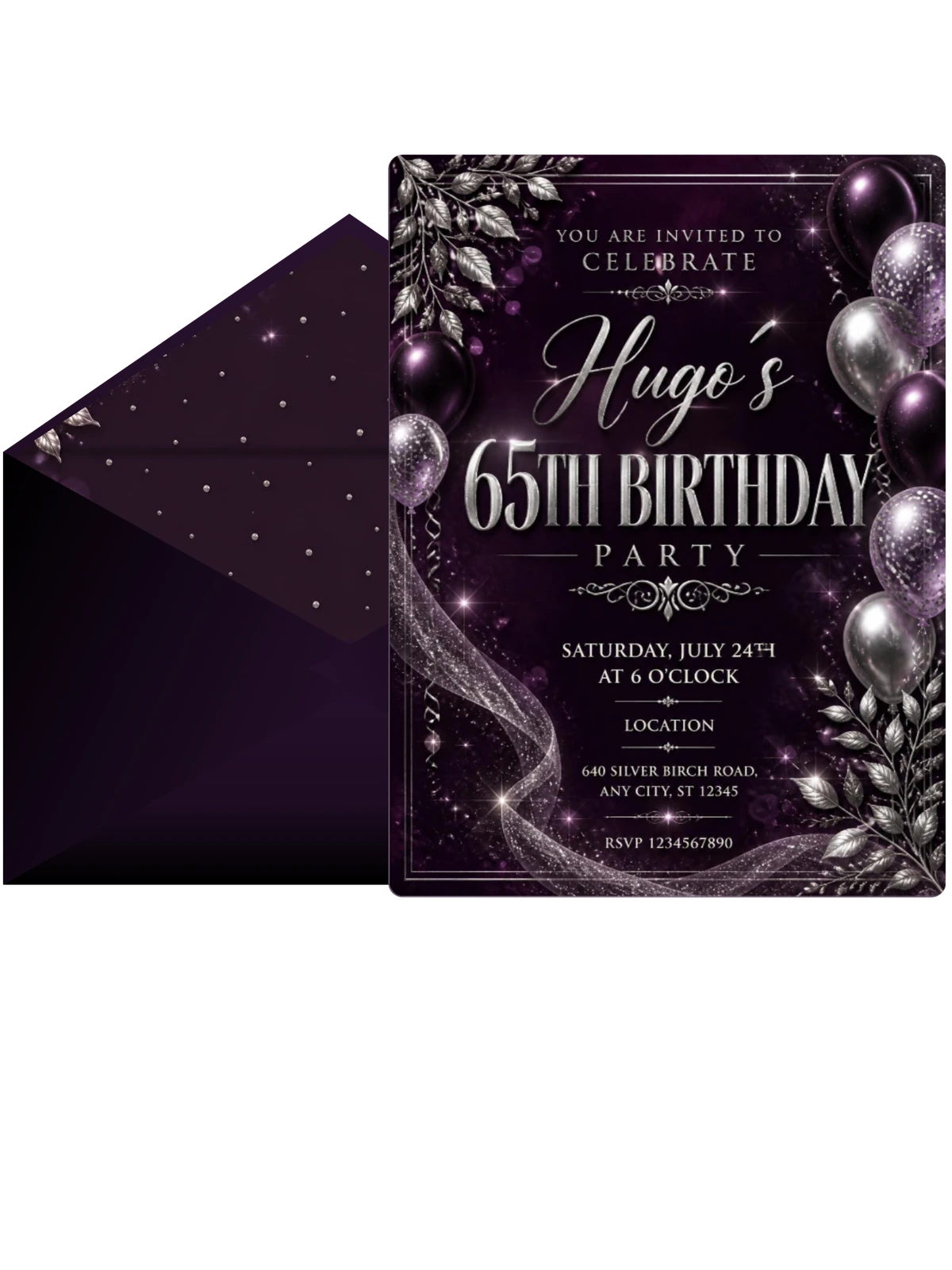 Plum and Silver 65th Birthday Invitation