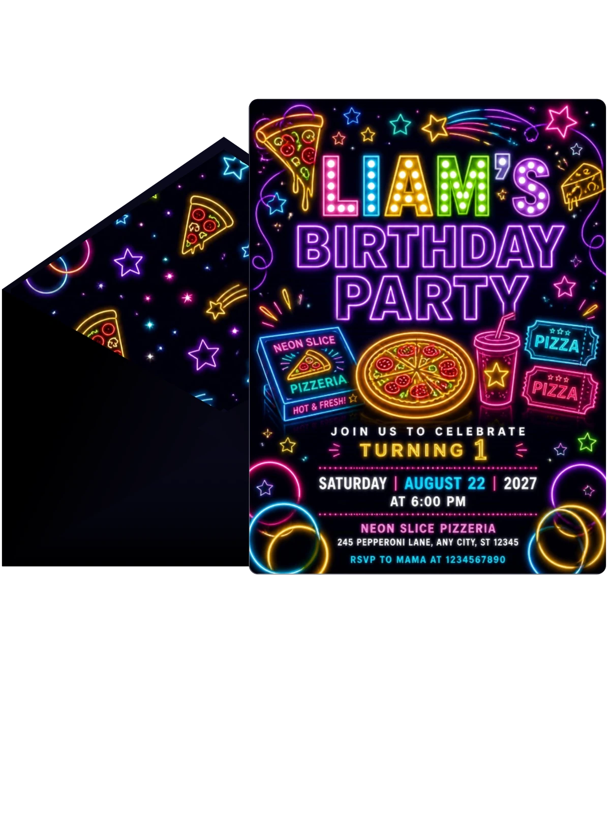 Neon Pizza 1st Birthday Invitation