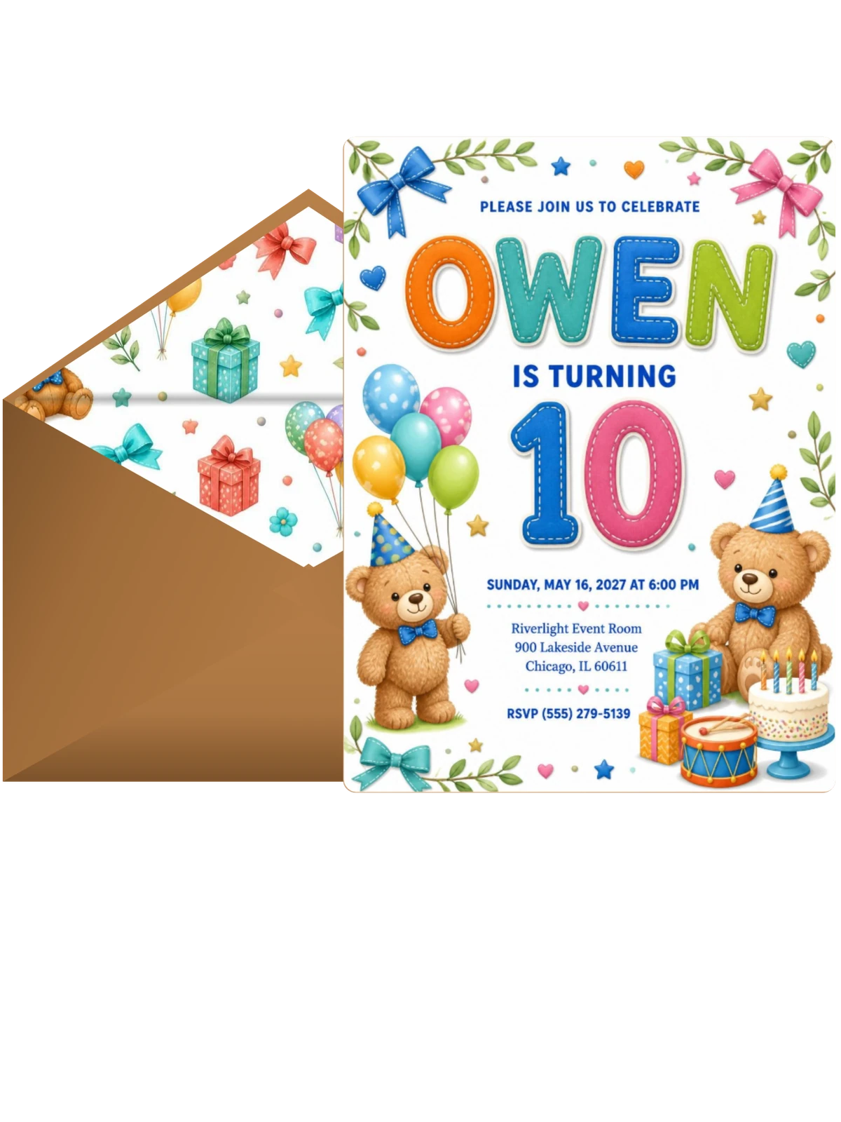 Stitched Teddy Bear 10th Birthday Invitation