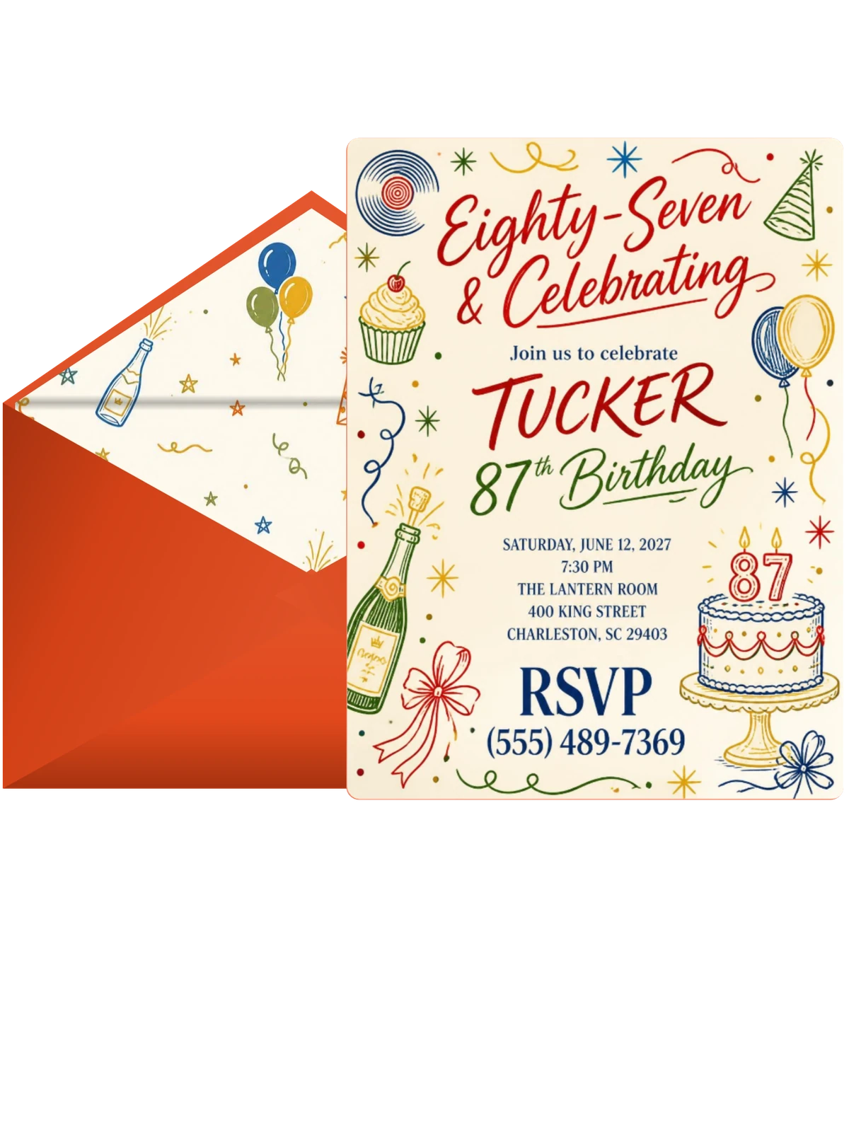 Retro Doodle 87th Birthday Invitation
