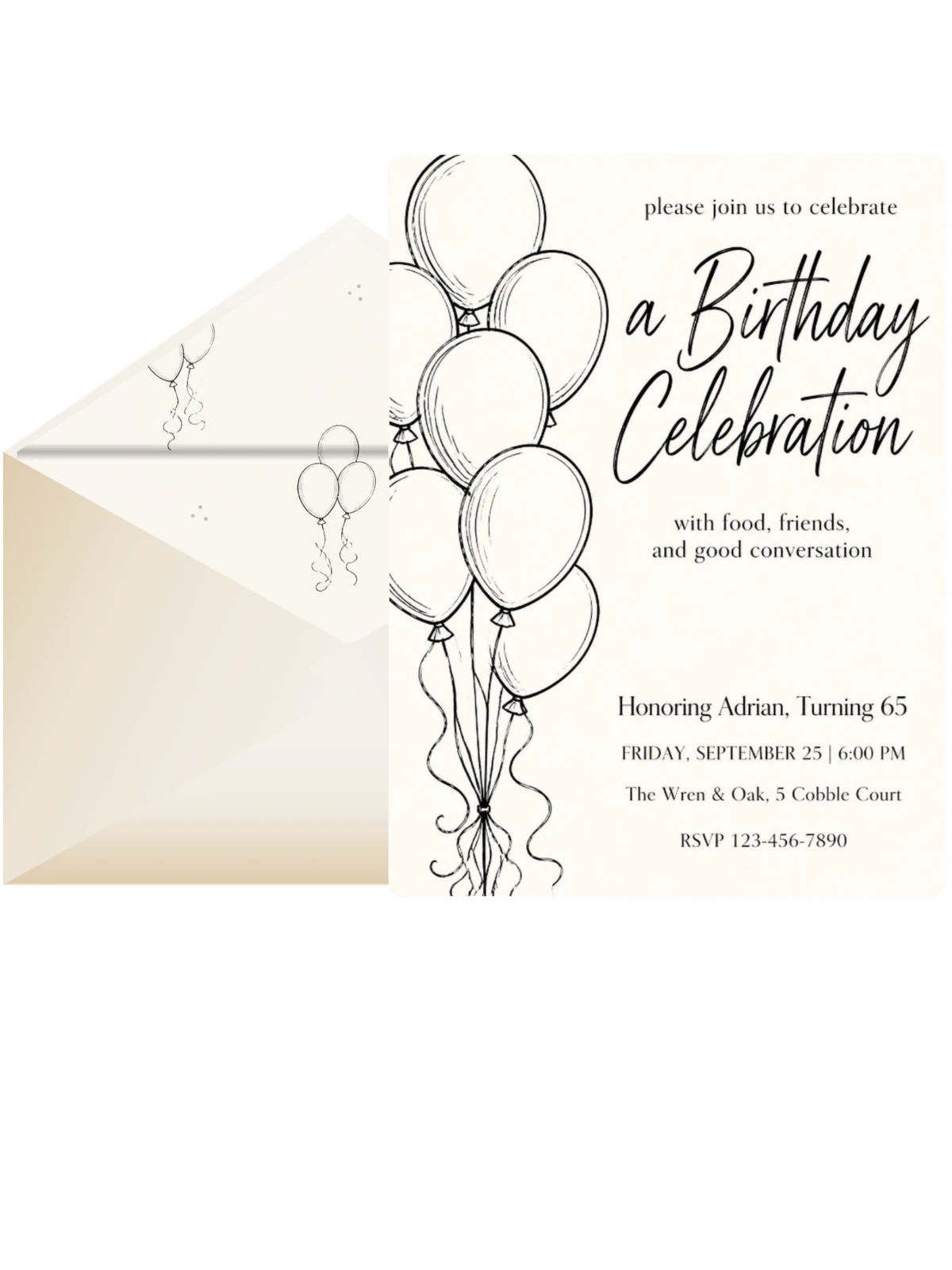 Black Ink Balloon 65th Birthday Invitation