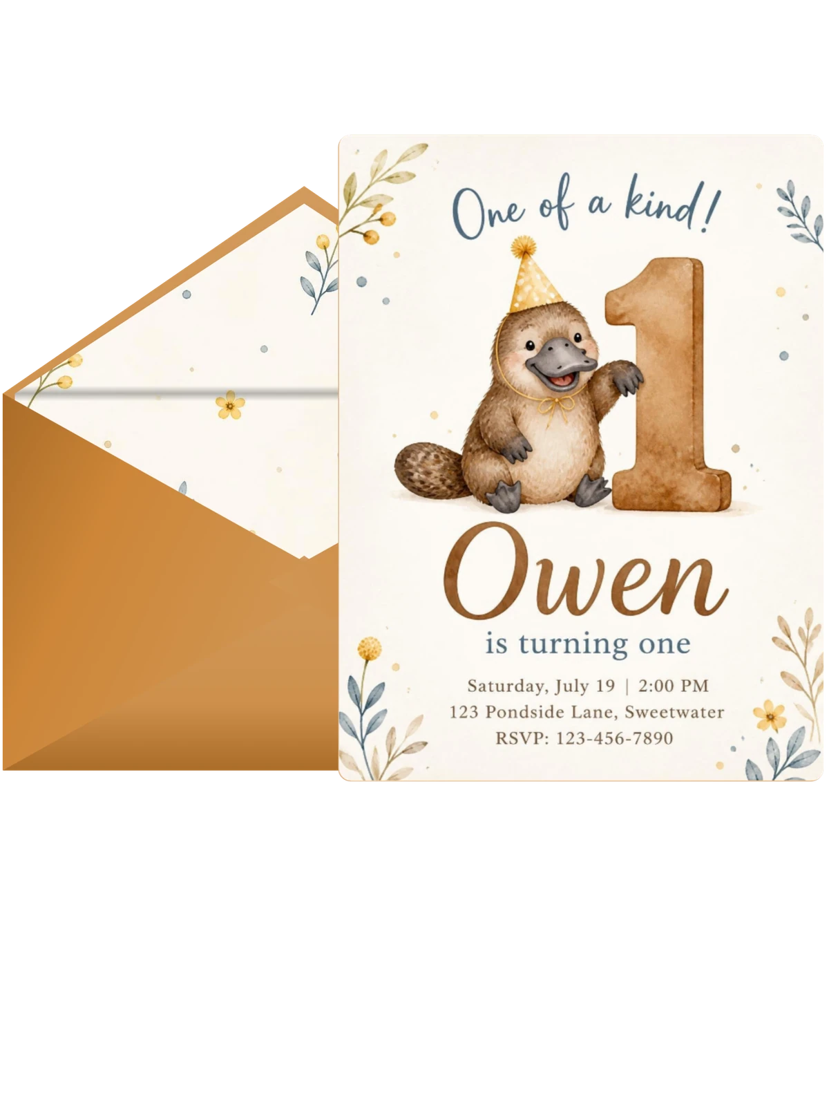 Watercolor Platypus First Birthday Invitation